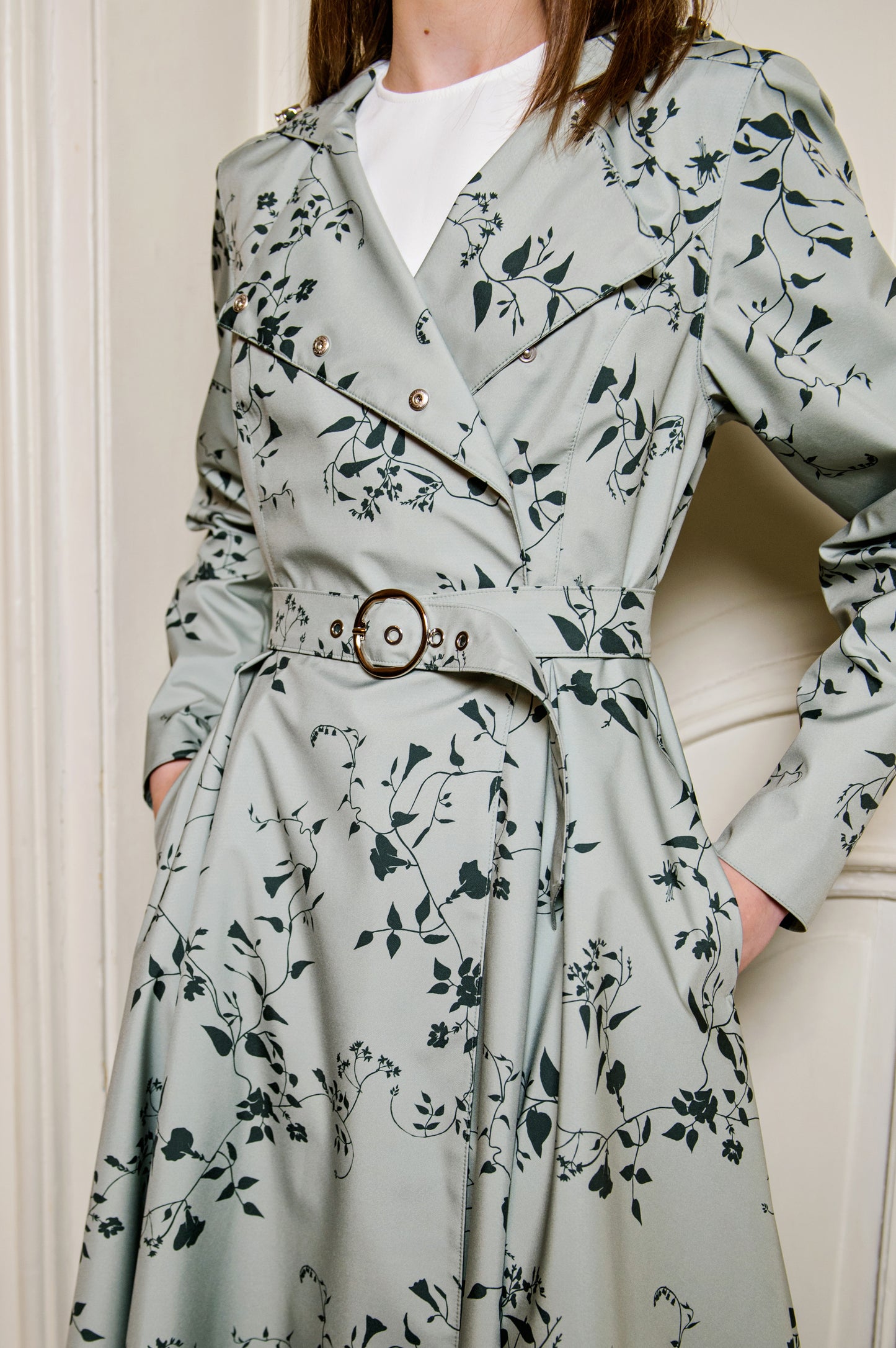 pastel green trench coat with belt