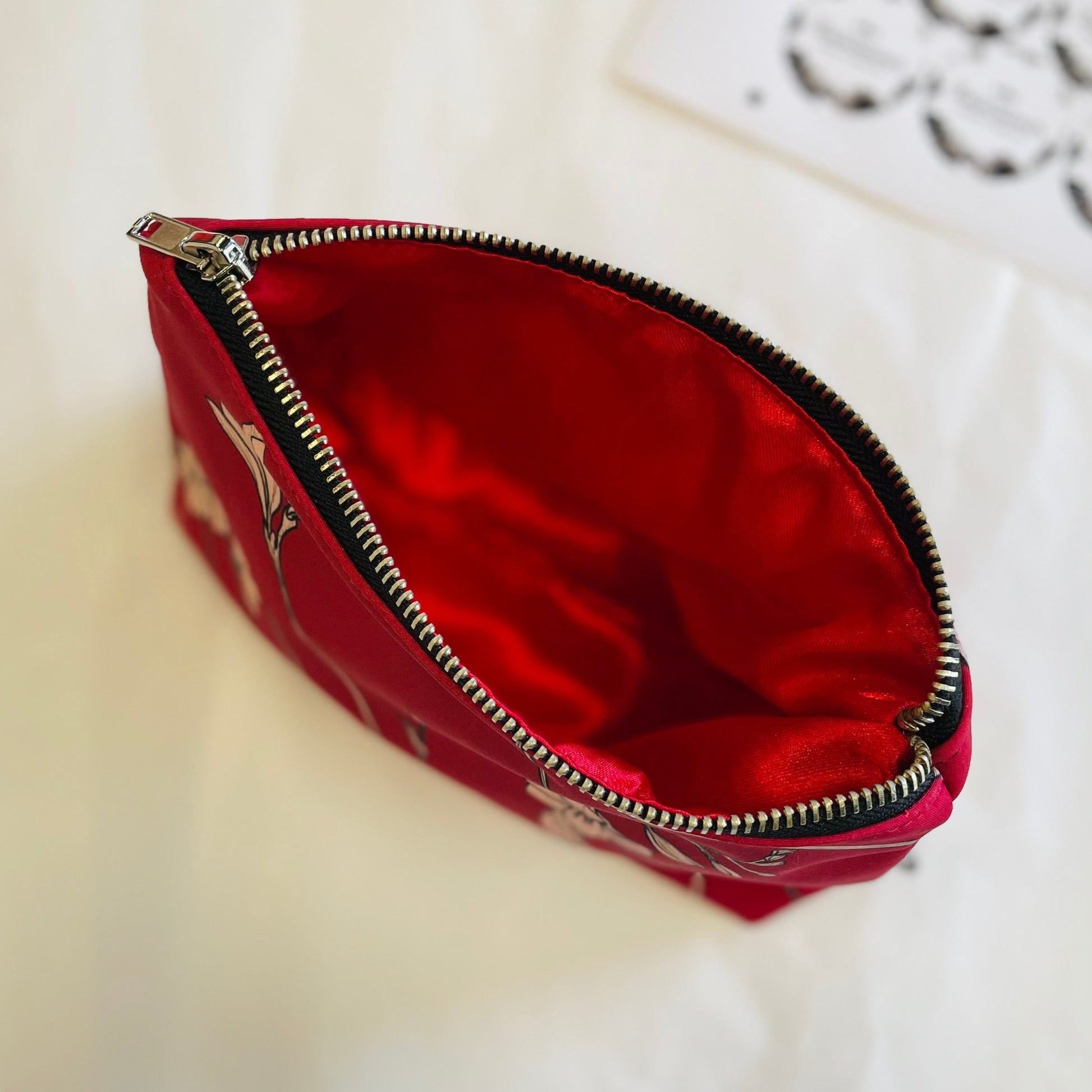 red floral makeup bag with soft lining