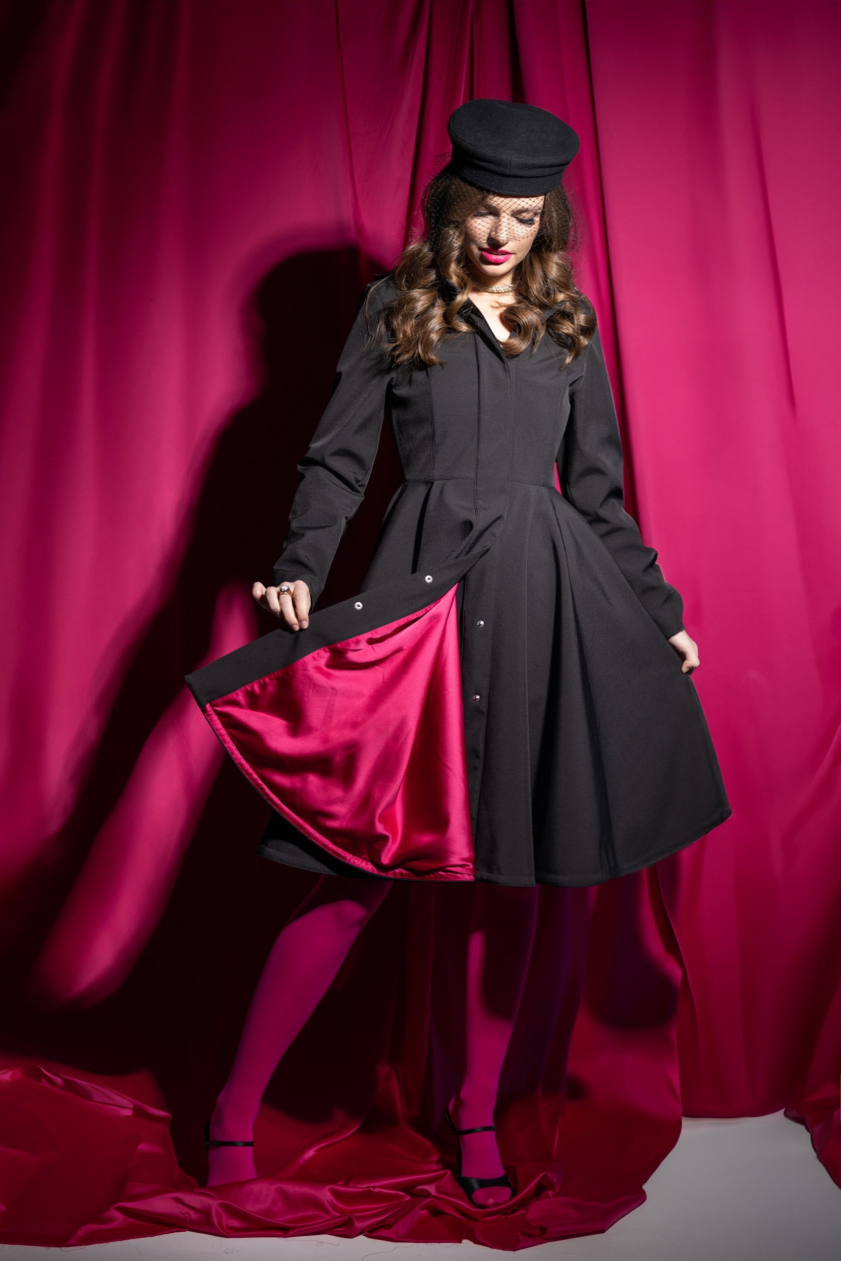 Fit and Flare Coat with Full Circle Skirt in Black with Fuchsia Pink Lining | Pink Ruby