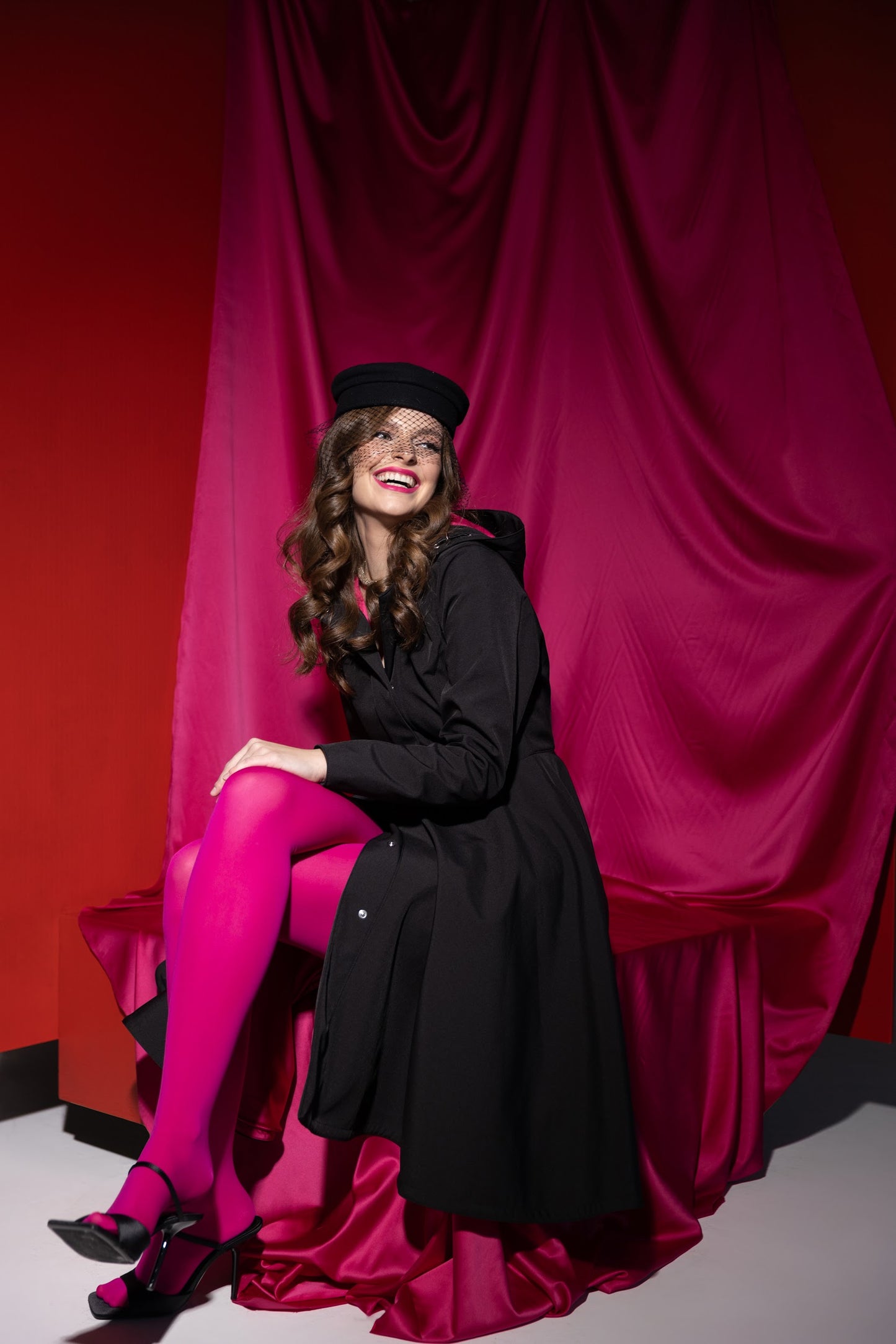 Hooded Black Coat with Fuchsia Pink Lining