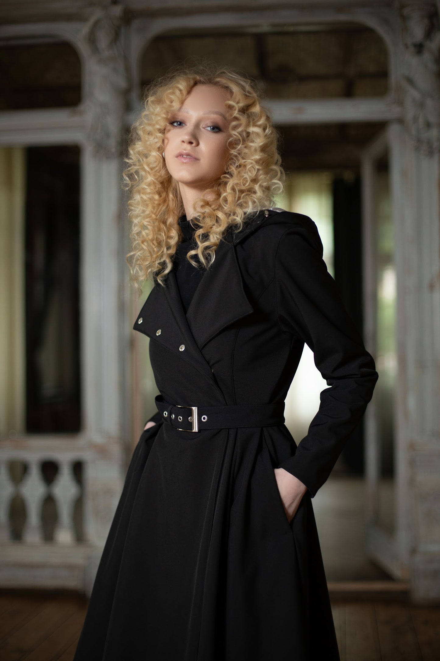 Belted waterproof coat in black