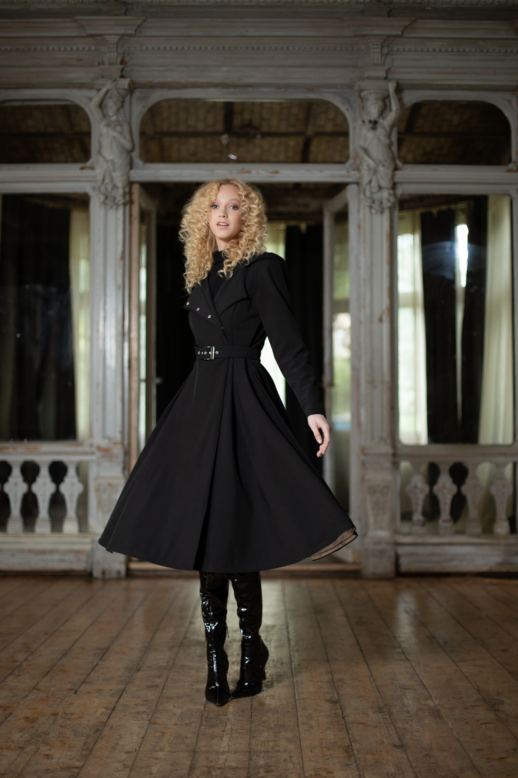 knee length dresses for ladies Classic Black Belted Maxi Coat by Chelie main image 1