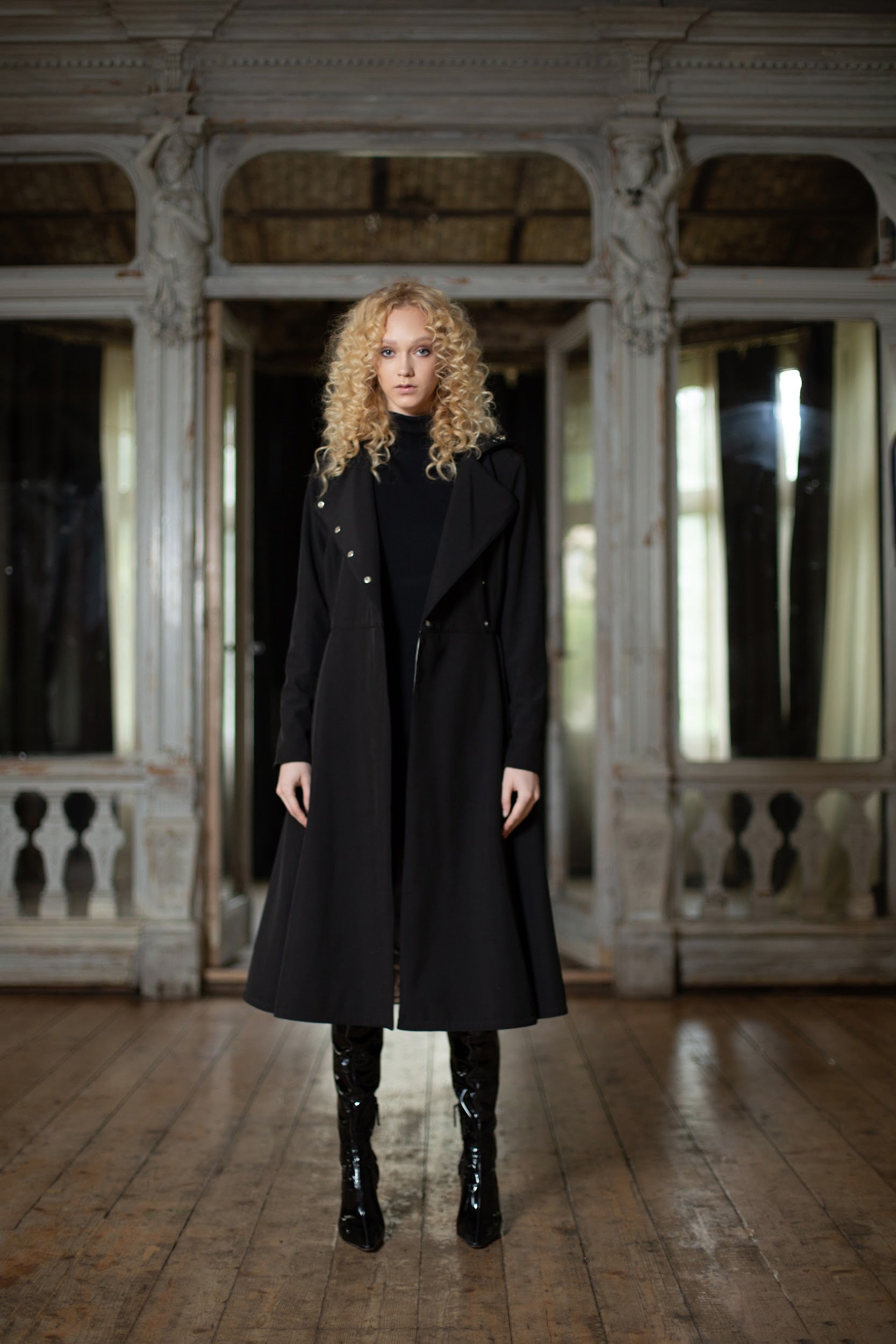 Hooded double breasted midi coat