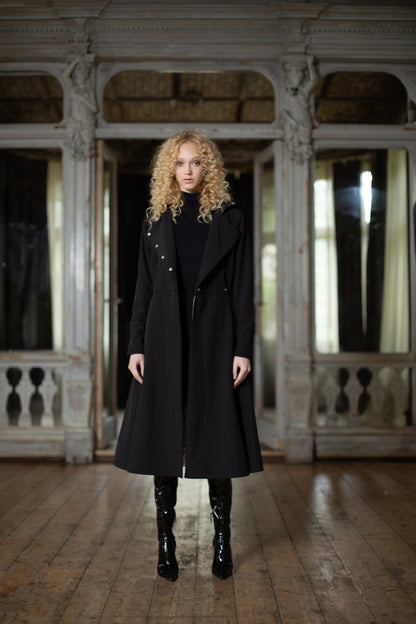 Hooded double breasted midi coat