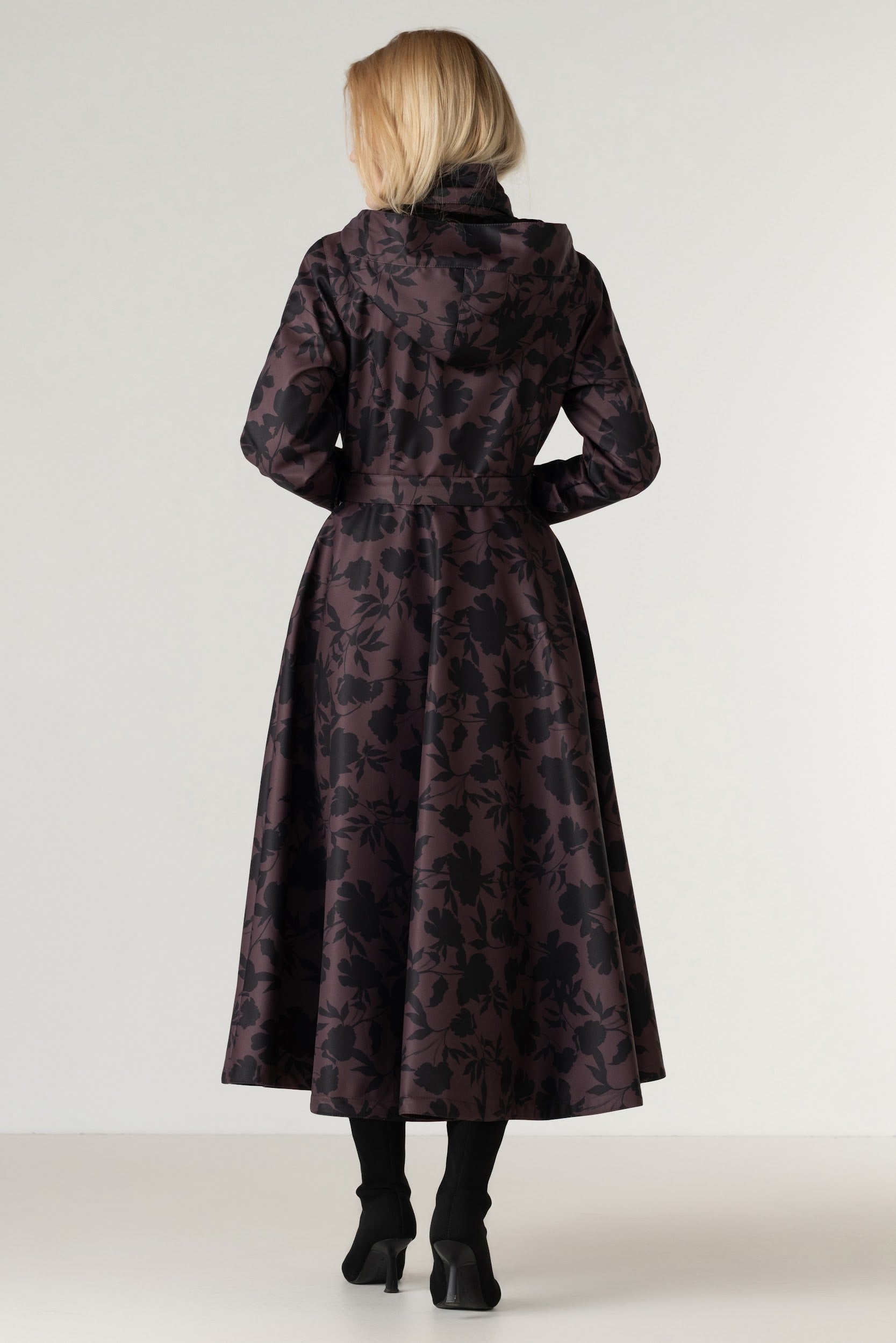 Brown Floral Fit and Flare Coat with A-Line Skirt | Brocade Dusk
