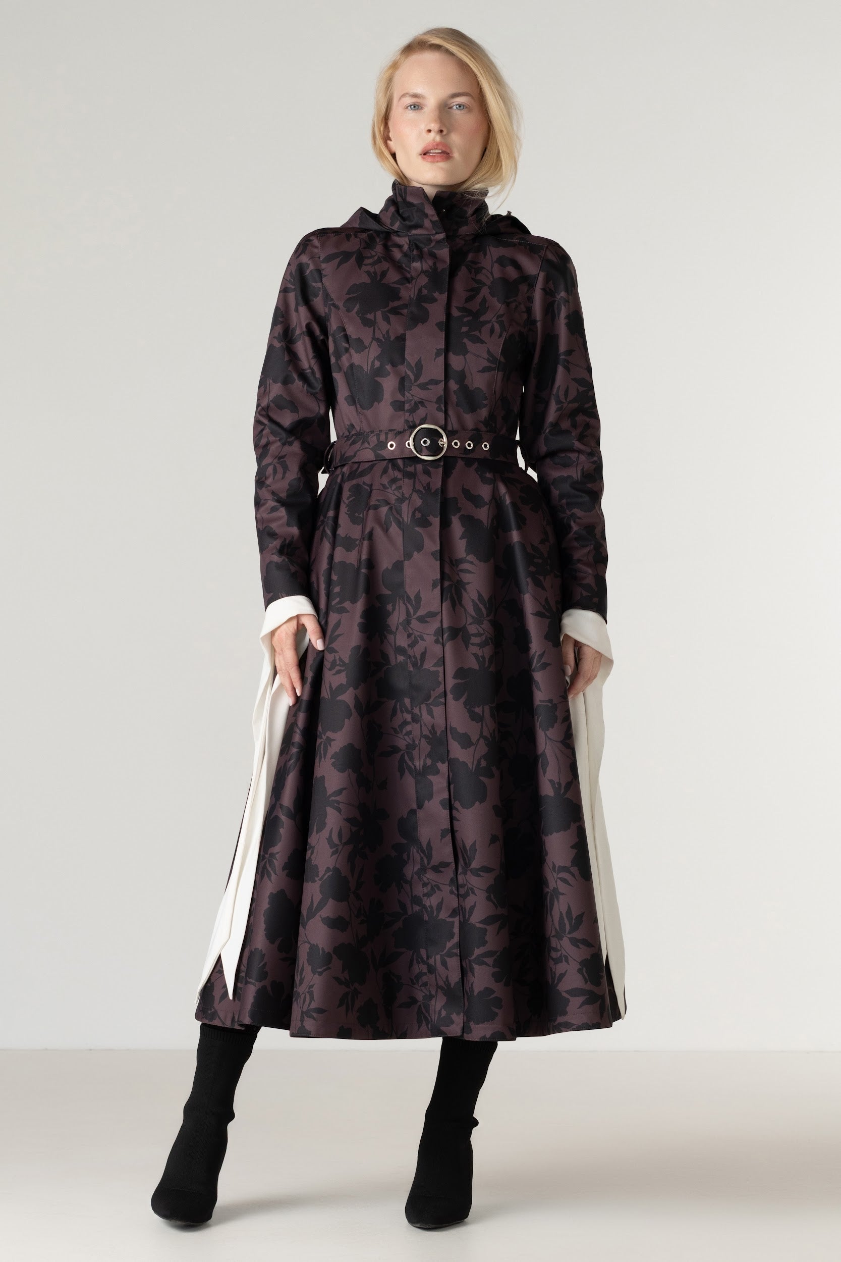 Brown Floral Fit and Flare Coat with A-Line Skirt | Brocade Dusk