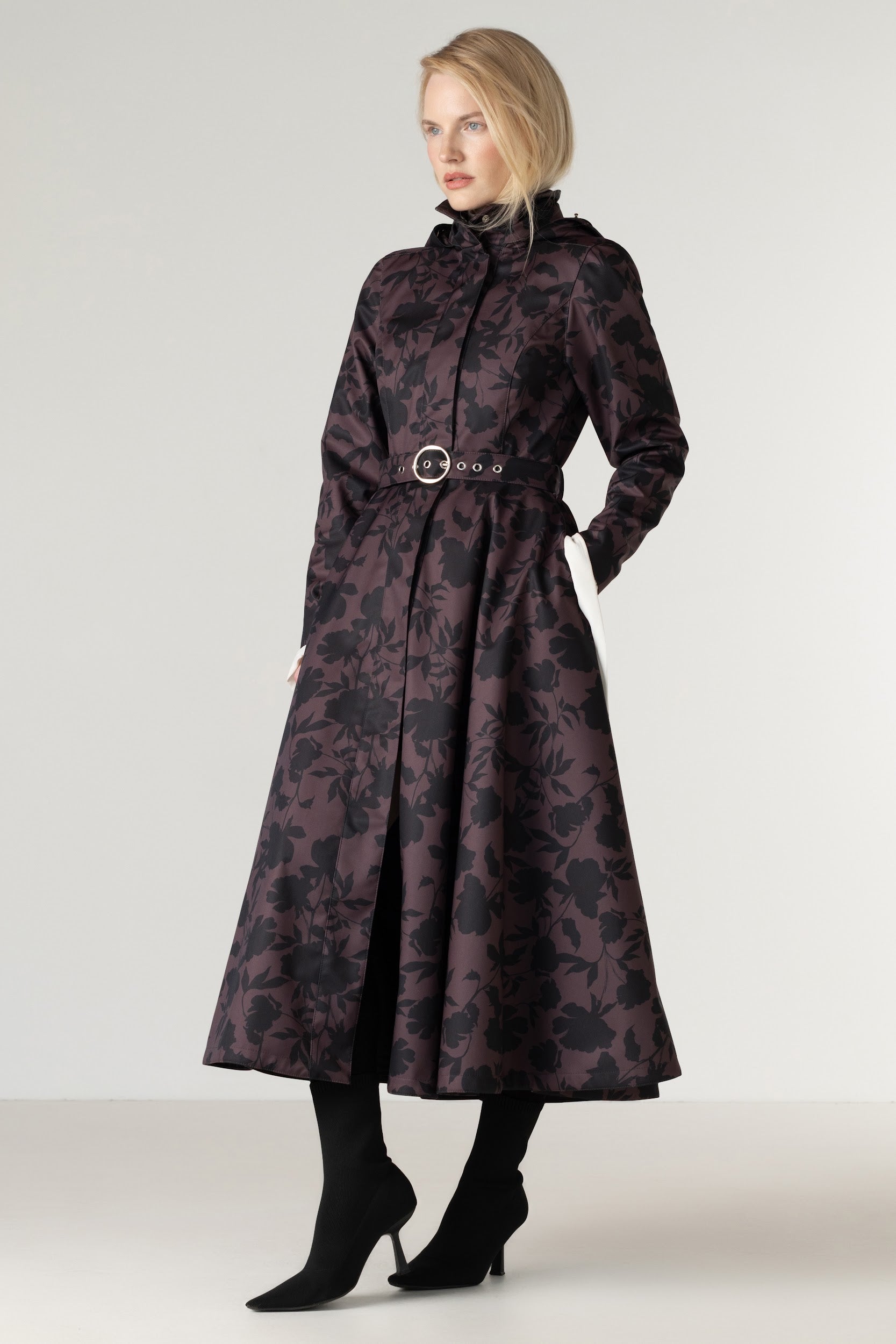 Brown Floral Fit and Flare Coat with A-Line Skirt | Brocade Dusk