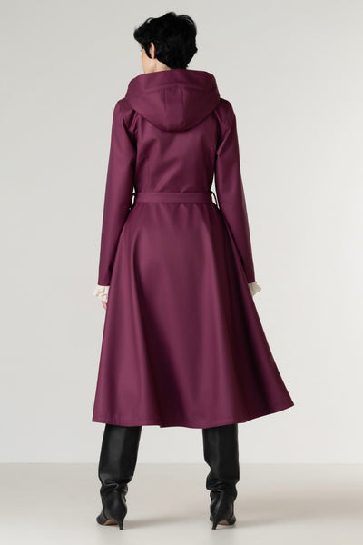Back view of a women's deep burgundy double-breasted trench coat in a rich berry tone with a flattering fit-and-flare silhouette.