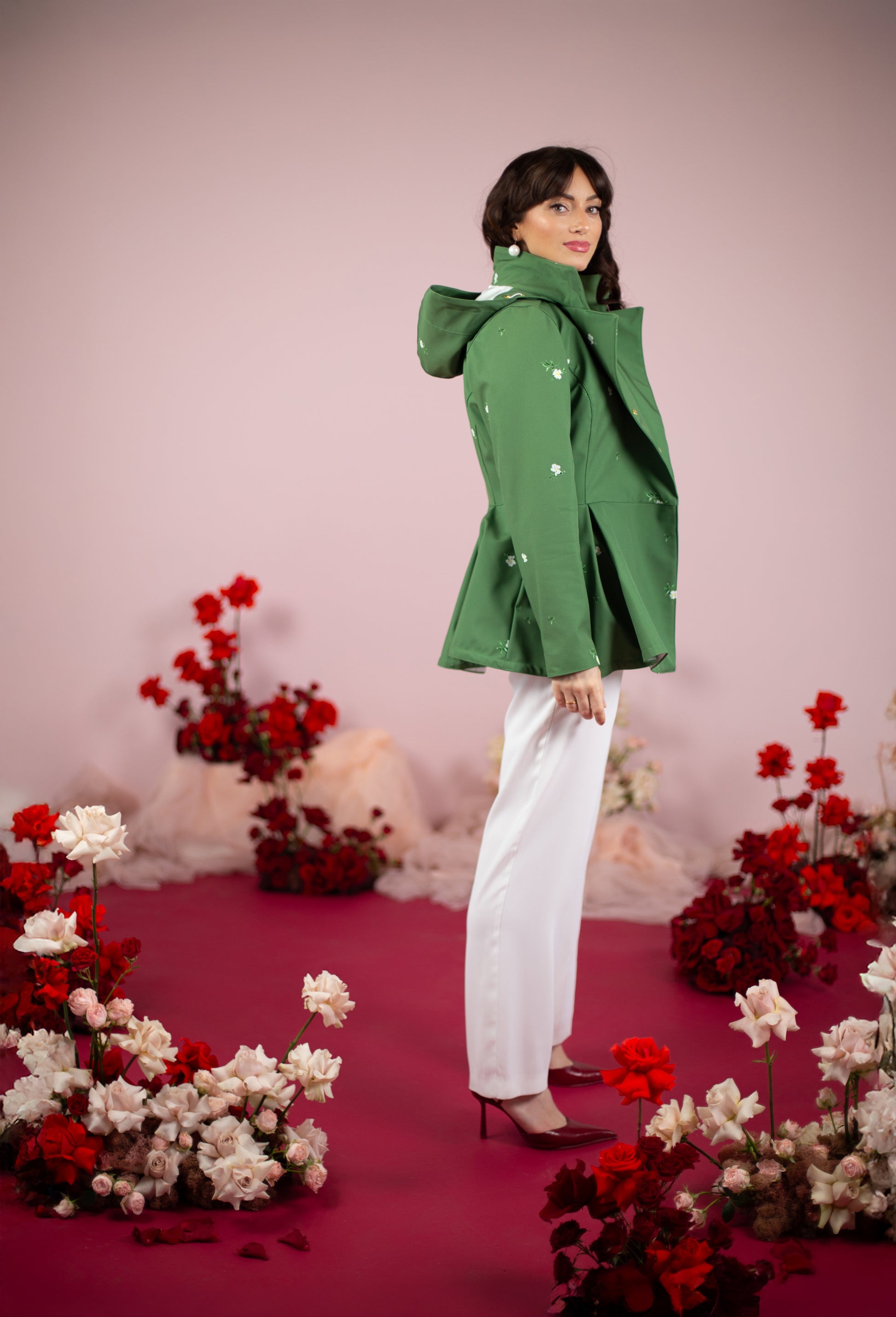 Double Breasted Jacket with Detachable Hood in Green Primrose