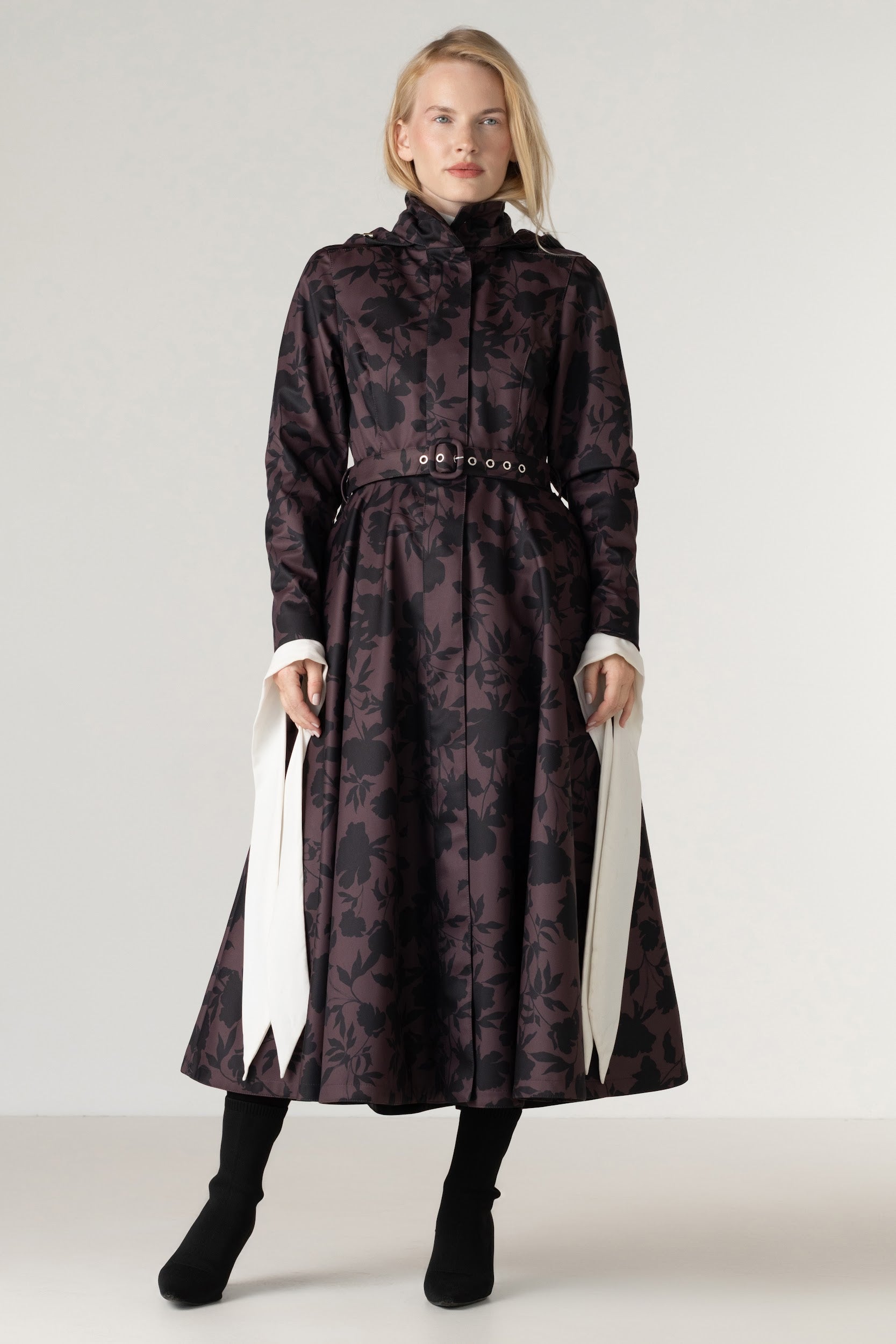 Fit and Flare Winter Coat in Brown Floral | Winter Brocade Dusk
