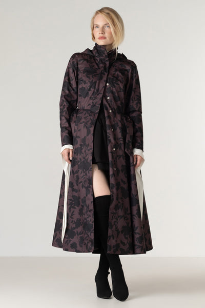Fit and Flare Winter Coat in Brown Floral | Winter Brocade Dusk