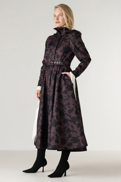 Fit and Flare Winter Coat in Brown Floral | Winter Brocade Dusk