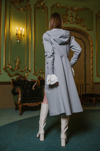 soft grey coat with adjustable hood