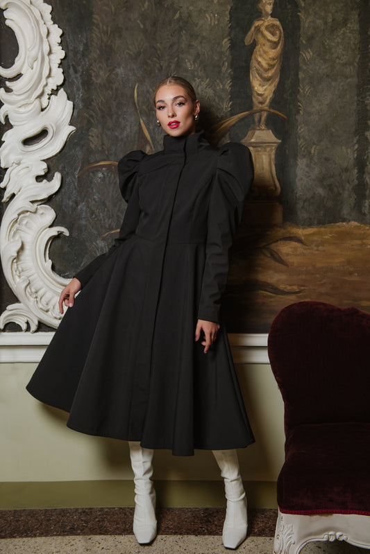 black trench coat with balloon styled sleeves