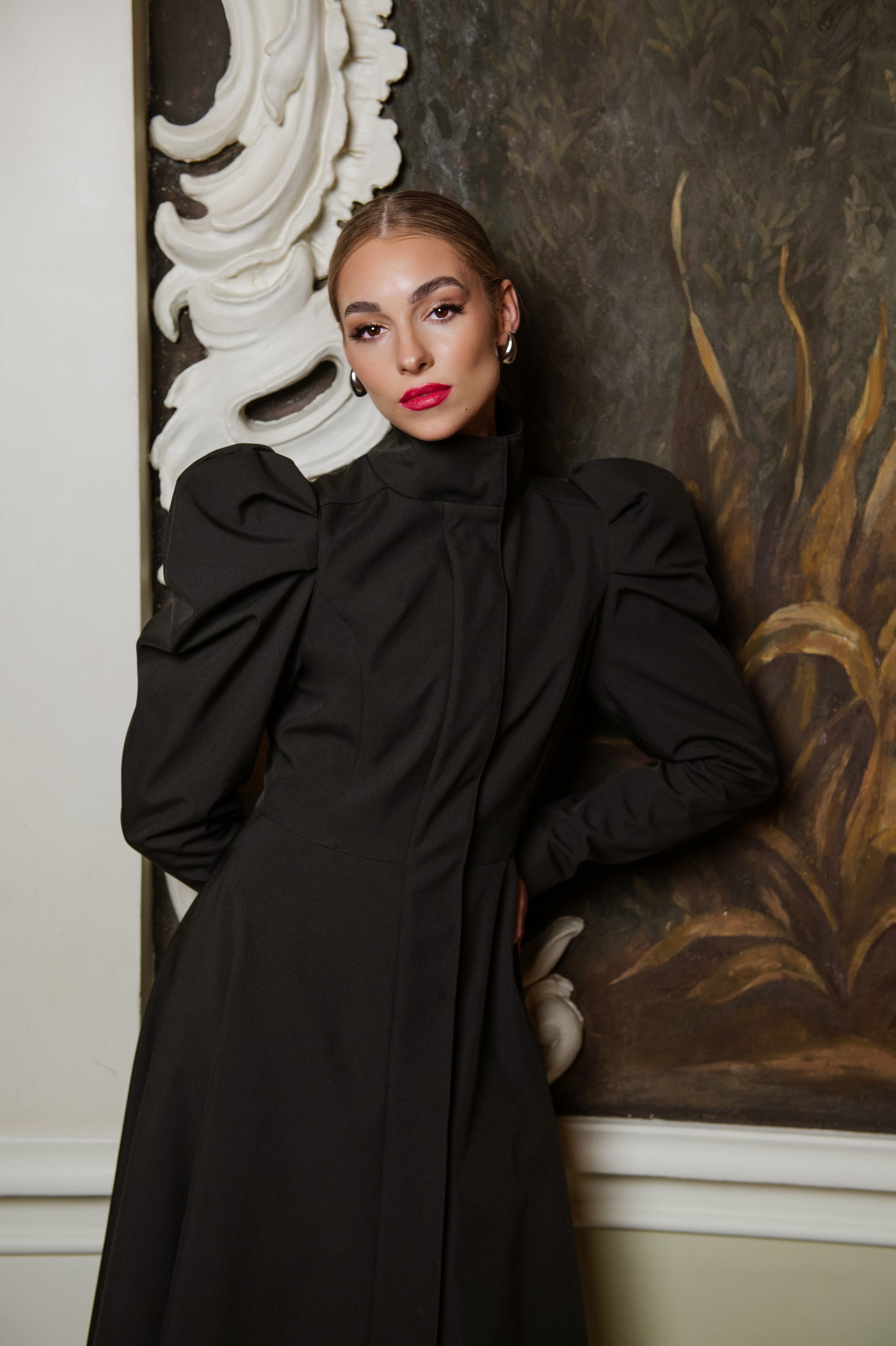 long elegant classic black coat with balloon sleeves