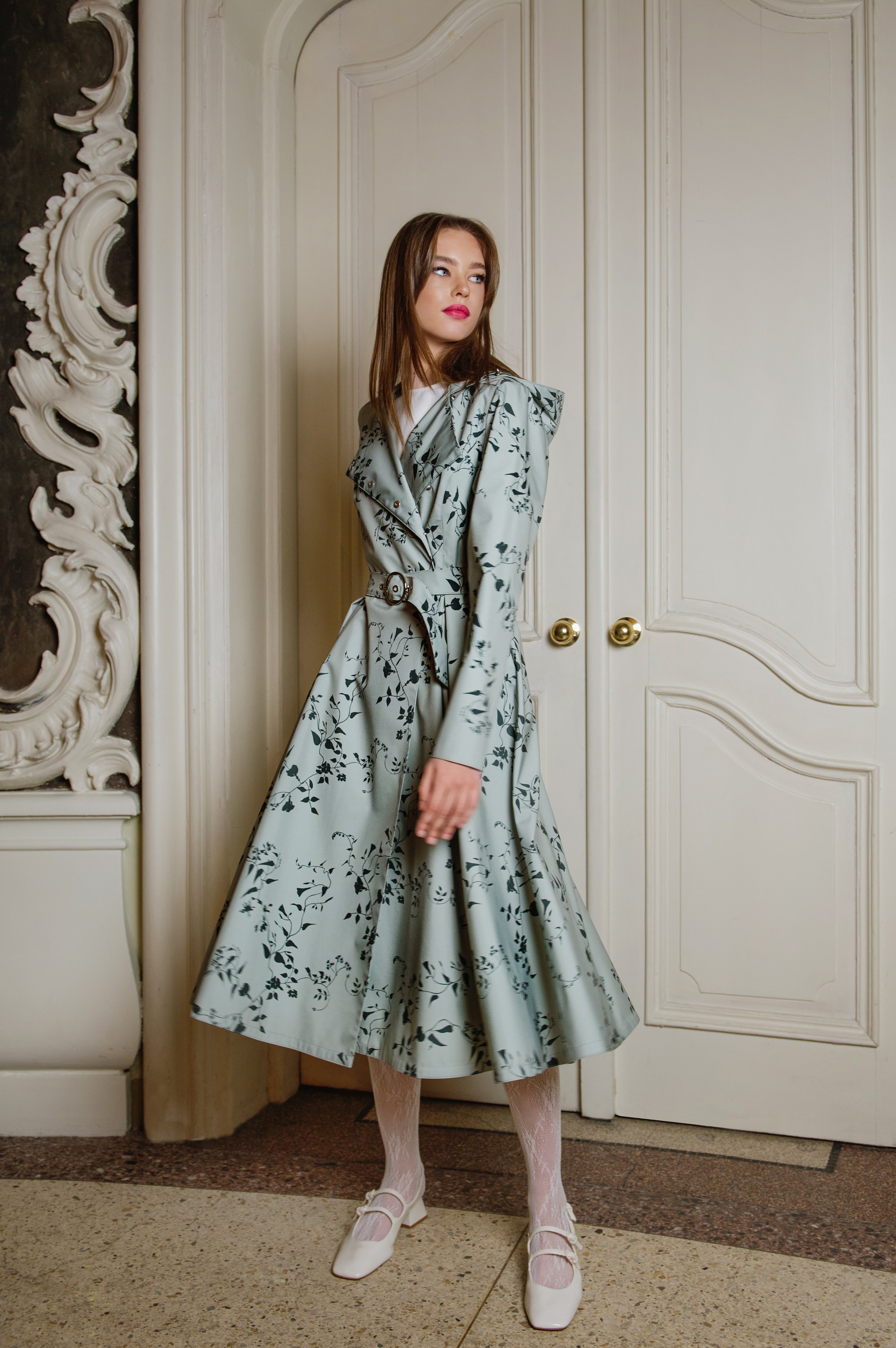 mint green coat with floral print
