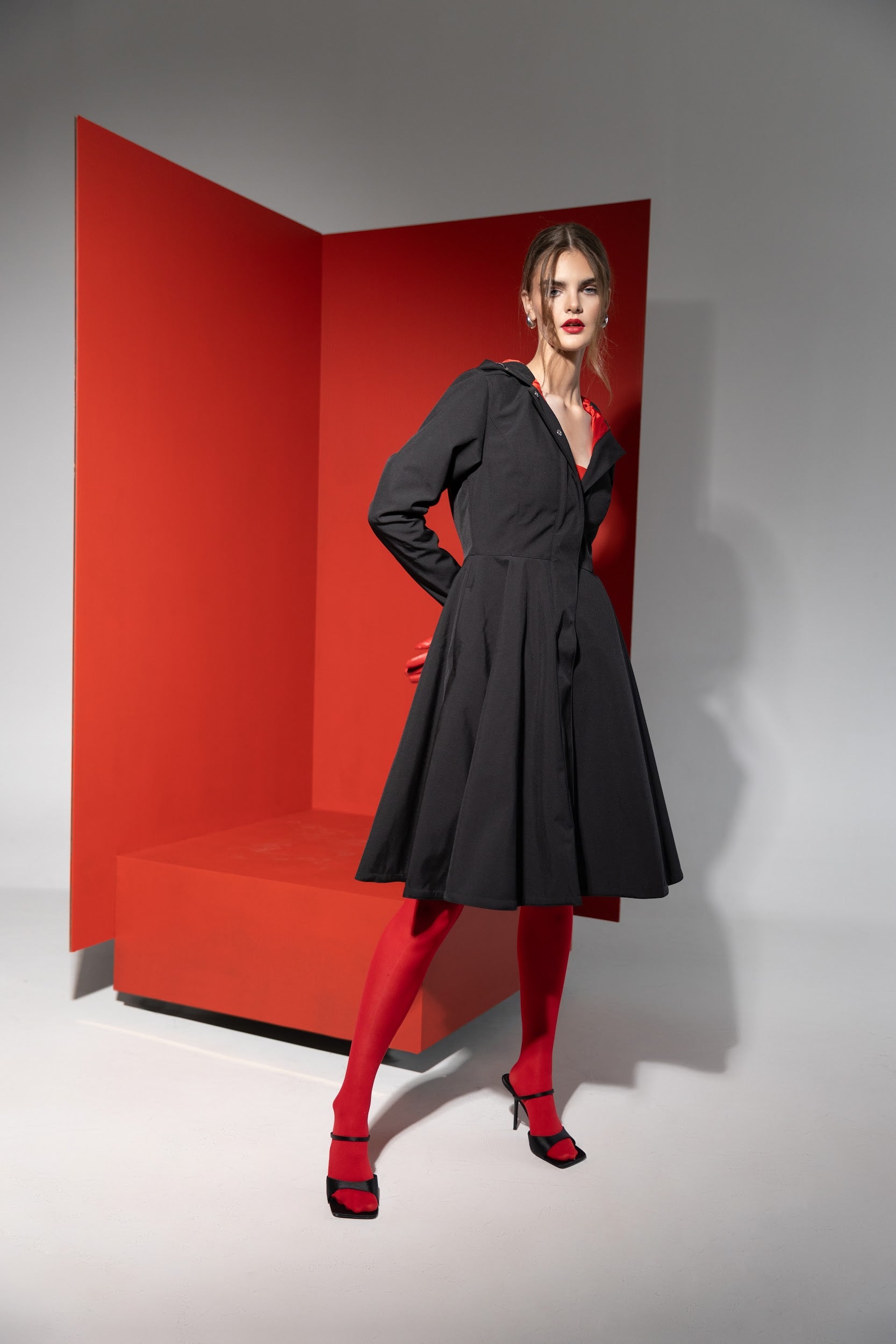 Fit and Flare Coat with Full Circle skirt in Black and Red RainSisters