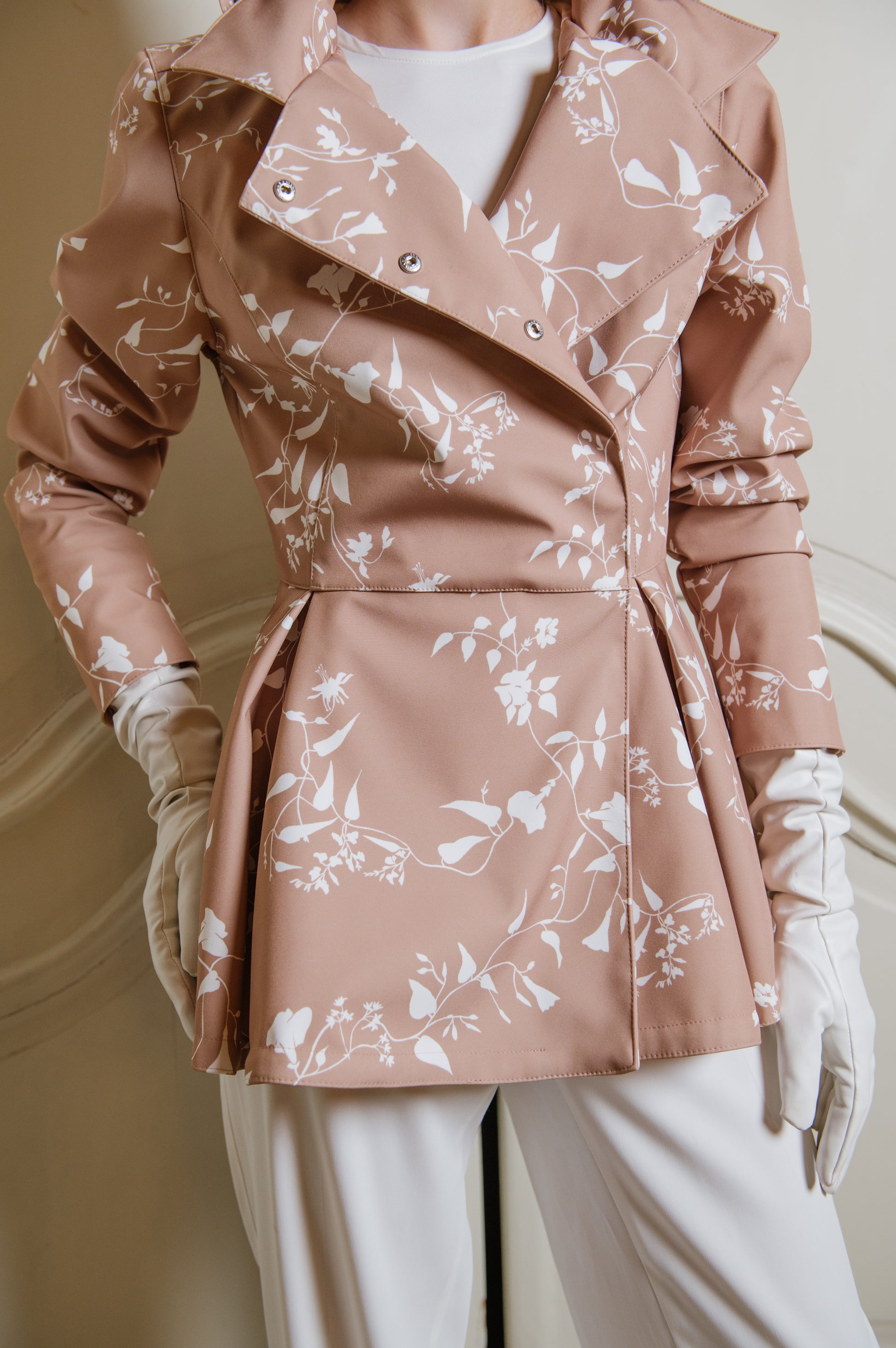 beige pink shade jacket with white flower leaf print