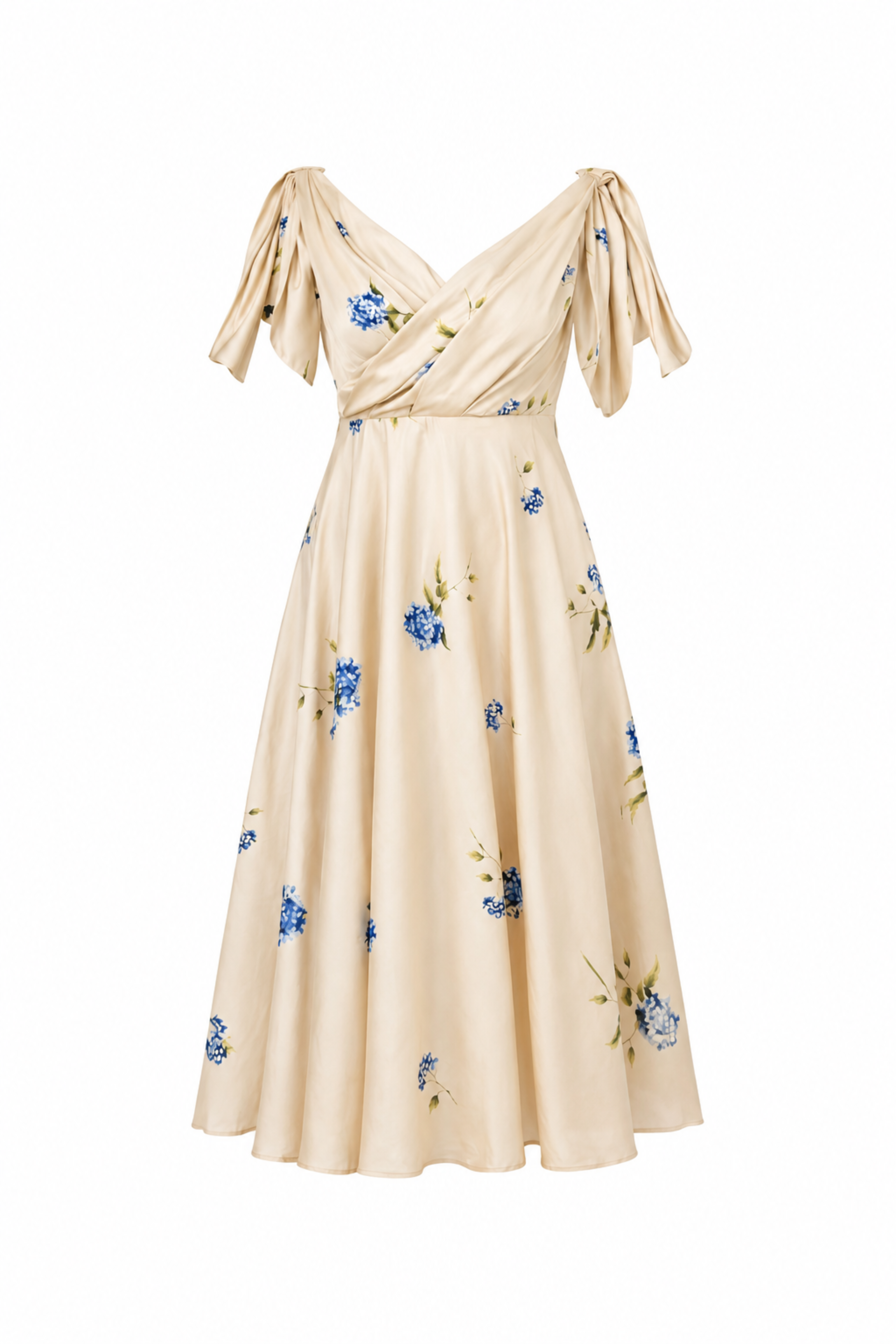 Beige flowy fit and flared dress with blue hydrangea print