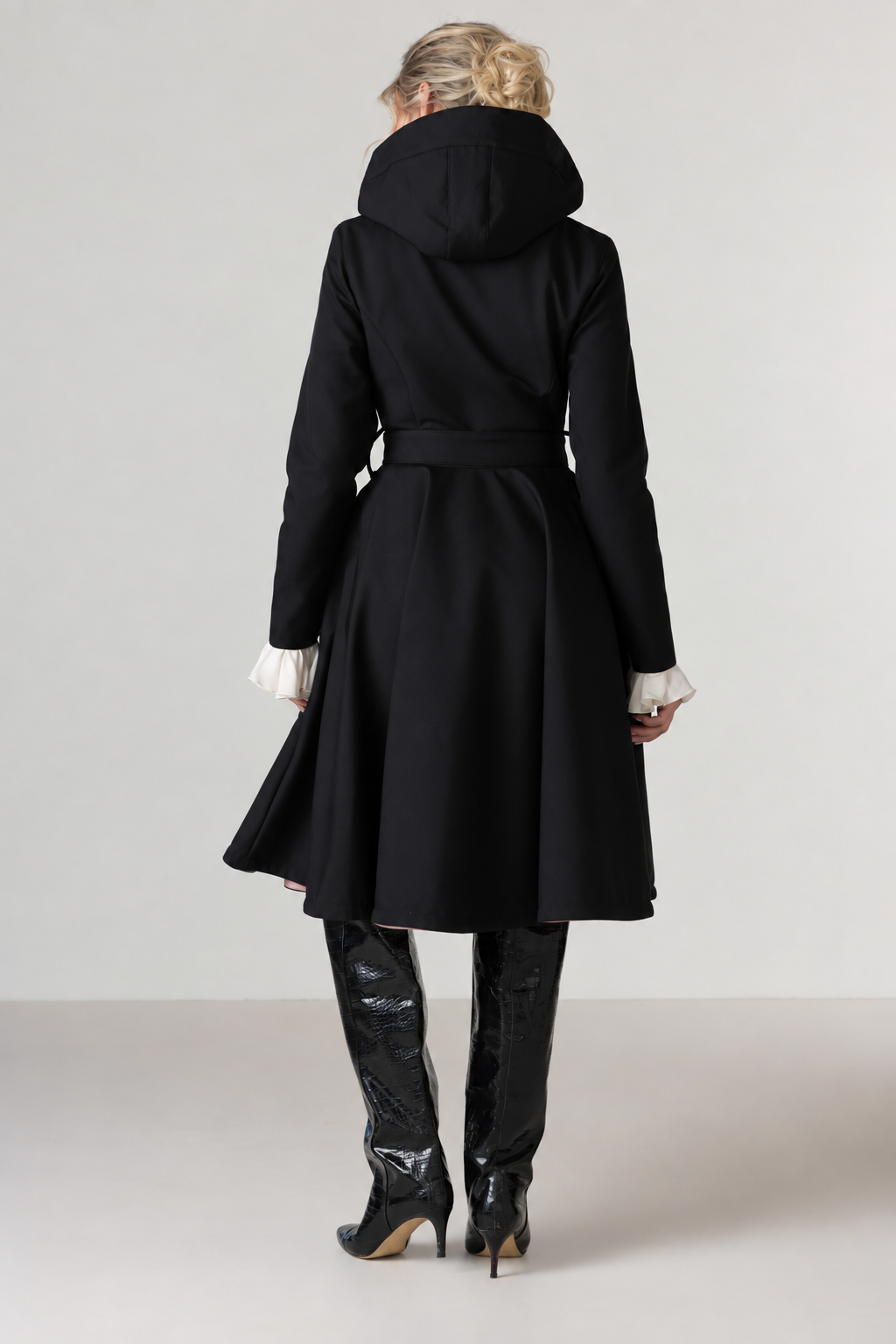 RainSisters black hooded raincoat Midnight Black from back