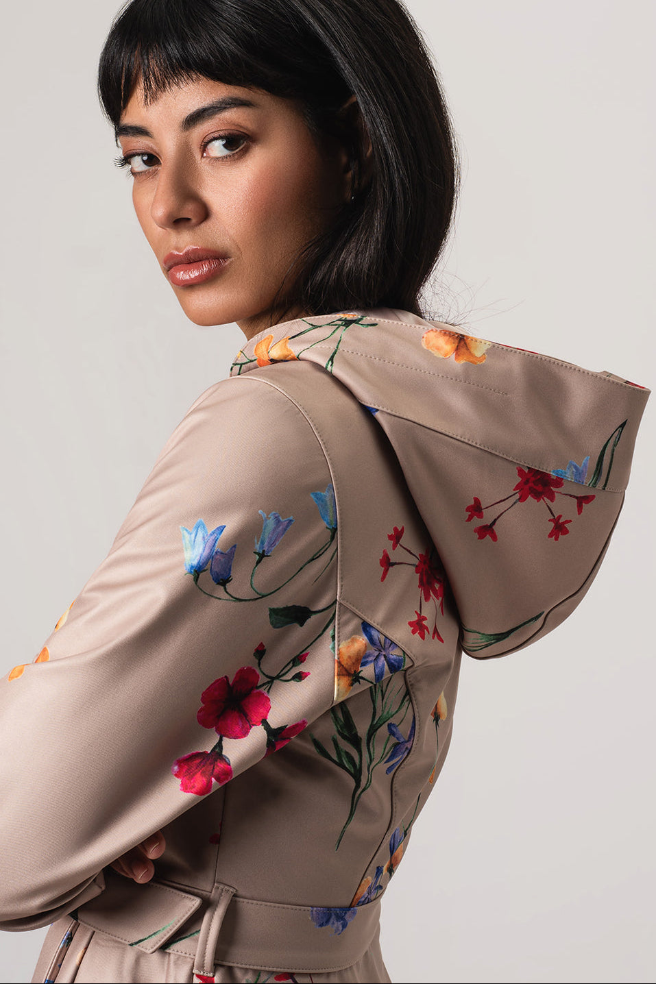 Double Breasted Trench Coat in Beige with Flower Print | Spring Bloom