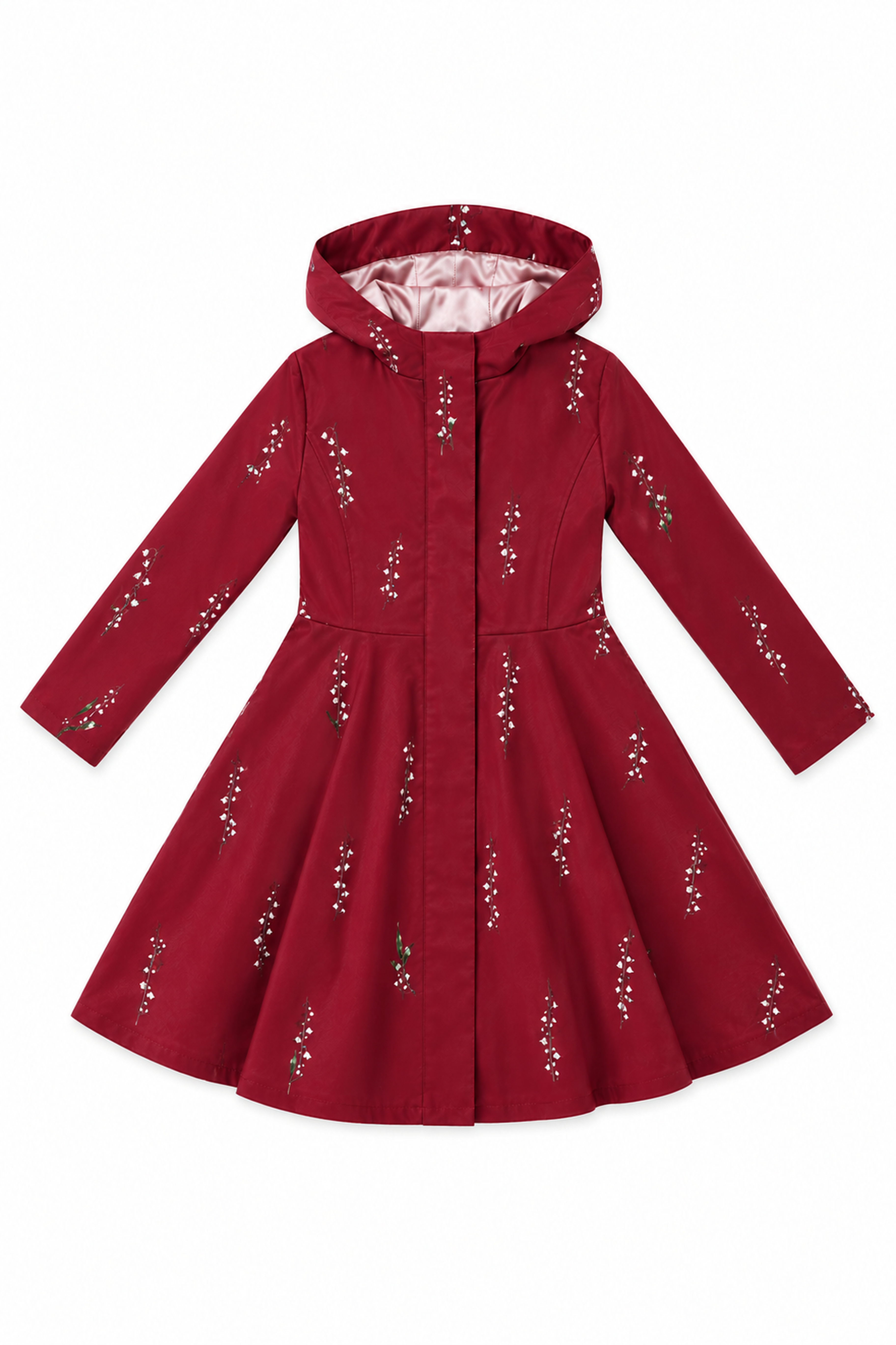 A red hooded raincoat with long sleeves and a flared skirt, decorated with small lily of the valley white floral patterns, shown against a plain white background.