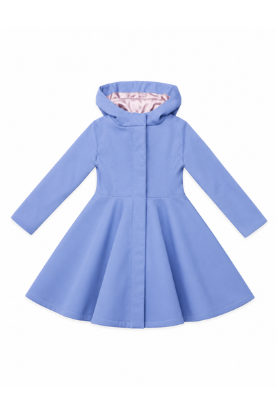 A light blue hooded dress coat for girls with long sleeves and a flared skirt, shown flat against a white background.