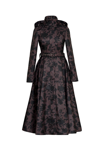 Fit and Flare Winter Coat in Brown Floral | Winter Brocade Dusk