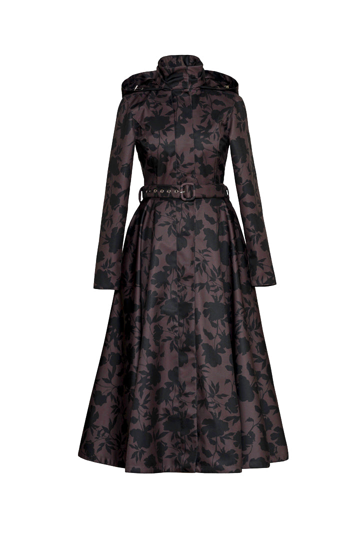 Fit and Flare Winter Coat in Brown Floral | Winter Brocade Dusk