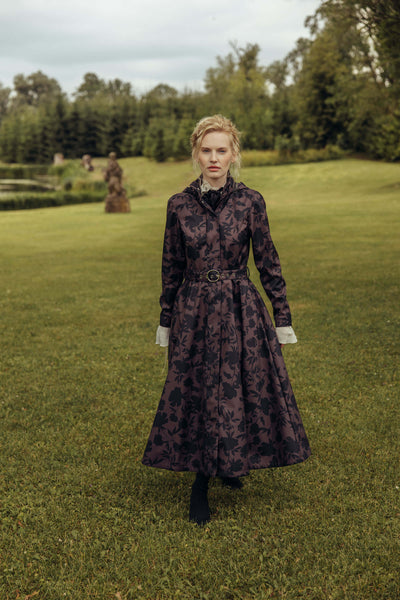 Brown Floral Fit and Flare Coat with A-Line Skirt | Brocade Dusk