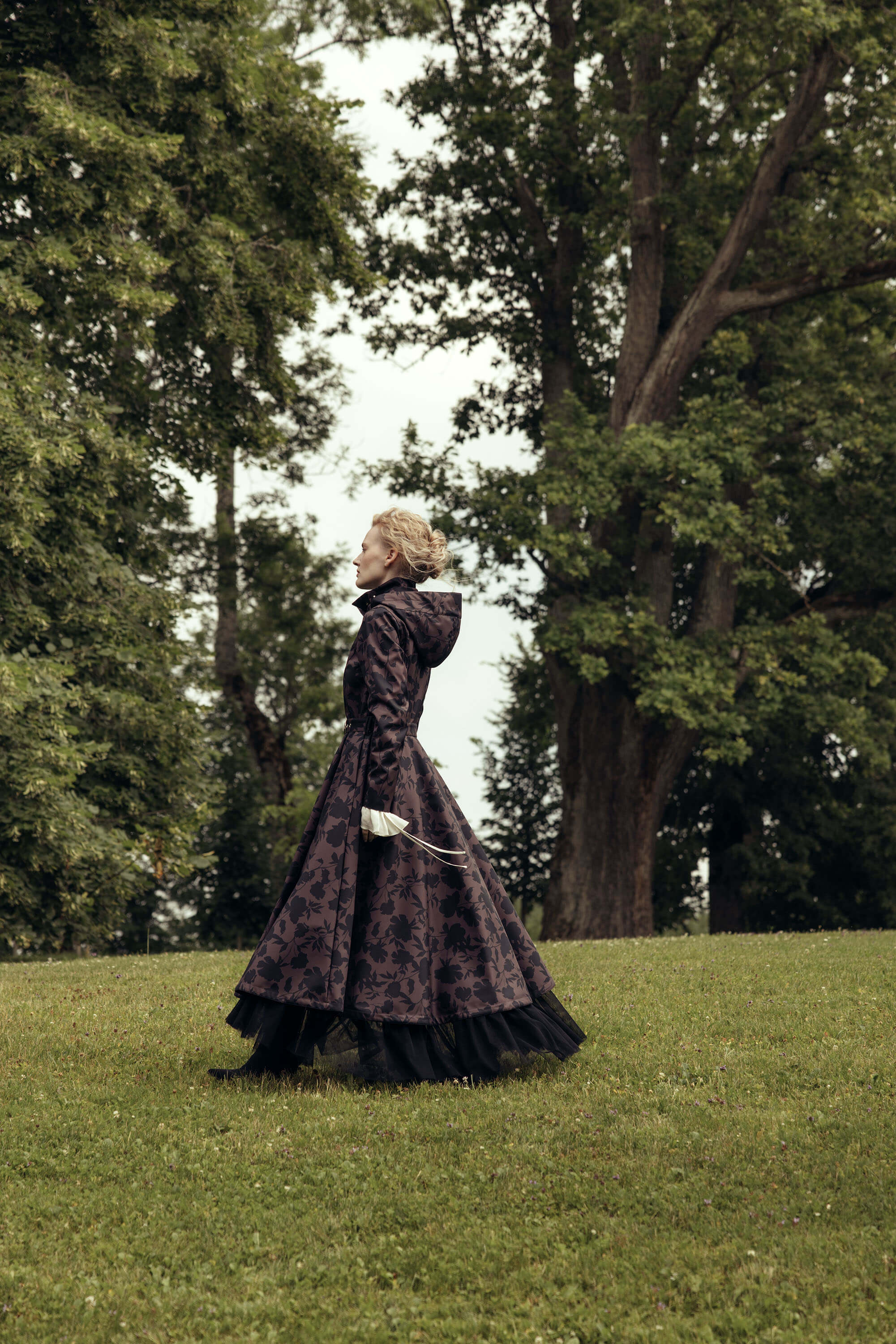 Fit and Flare Winter Coat in Brown Floral | Winter Brocade Dusk