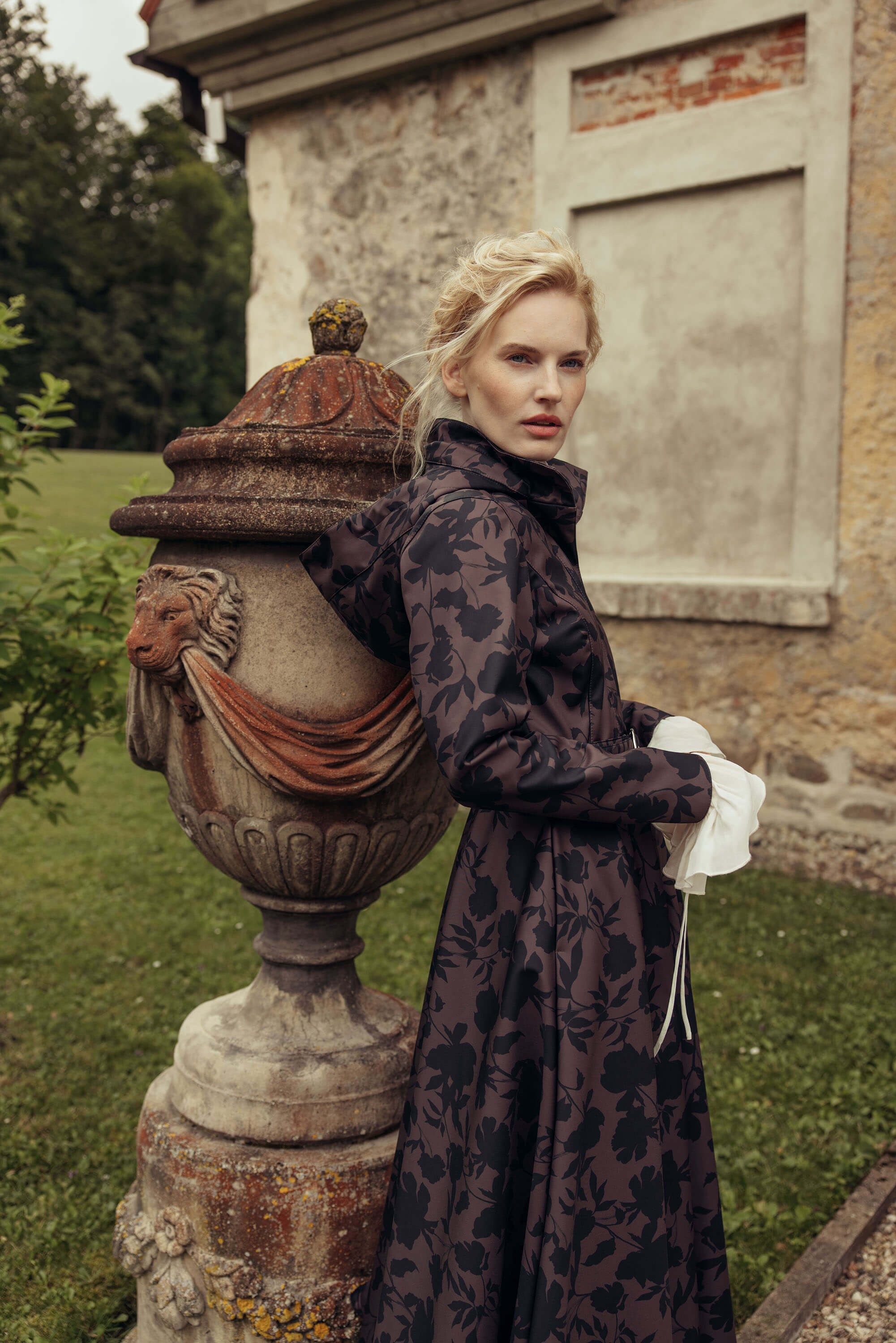 Brown Floral Fit and Flare Coat with A-Line Skirt | Brocade Dusk