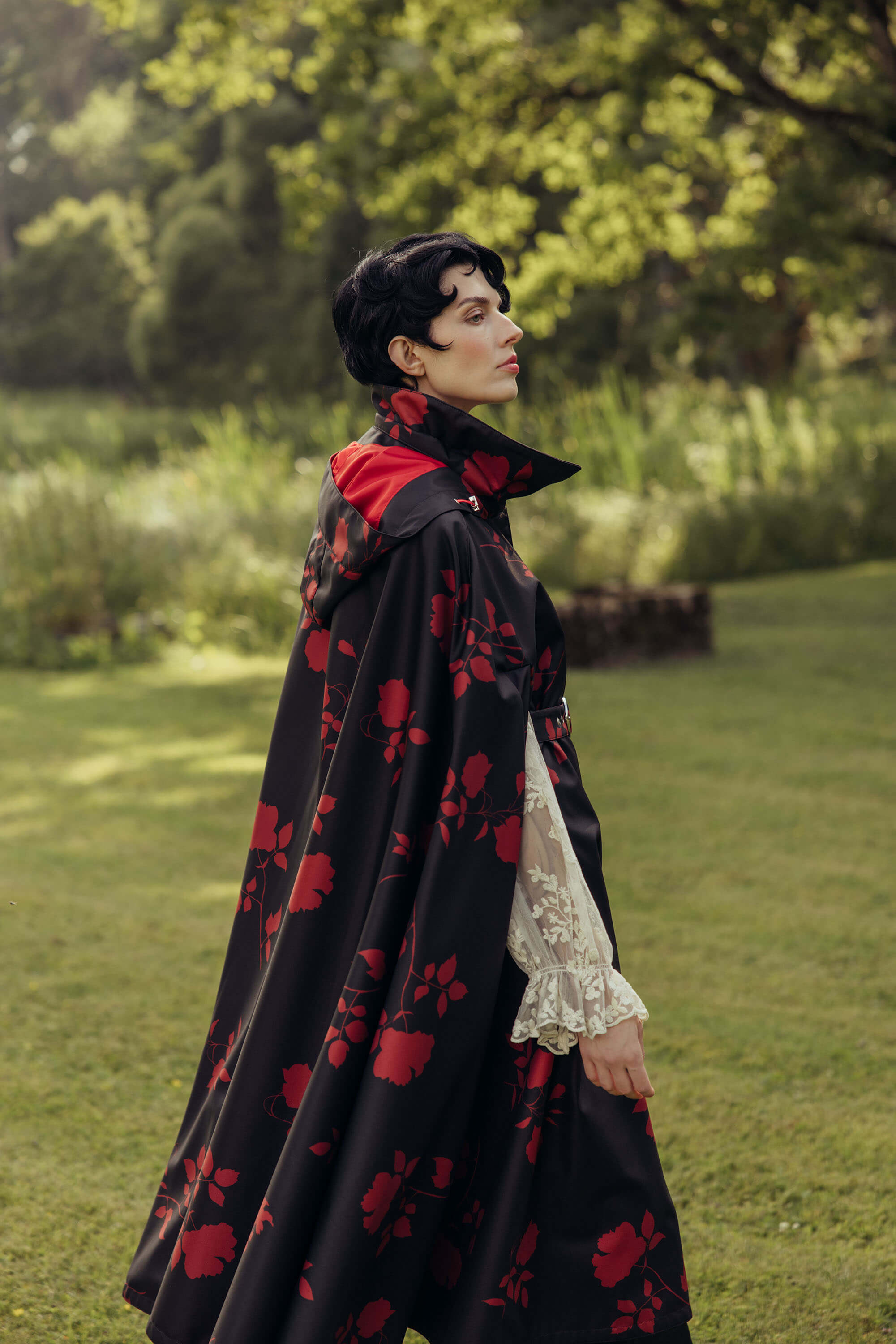 Black Cape Coat with Red Floral Print | Scarlet Veil