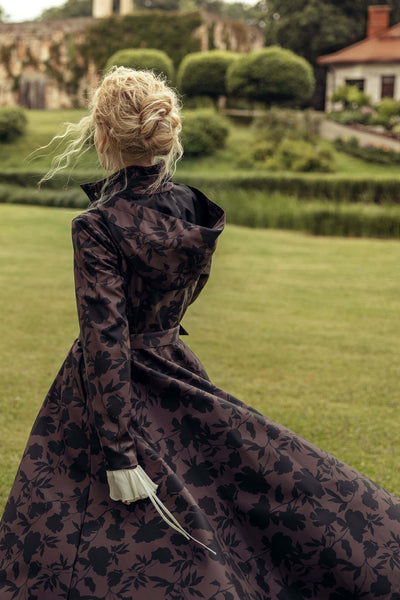 Brown Floral Fit and Flare Coat with A-Line Skirt | Brocade Dusk