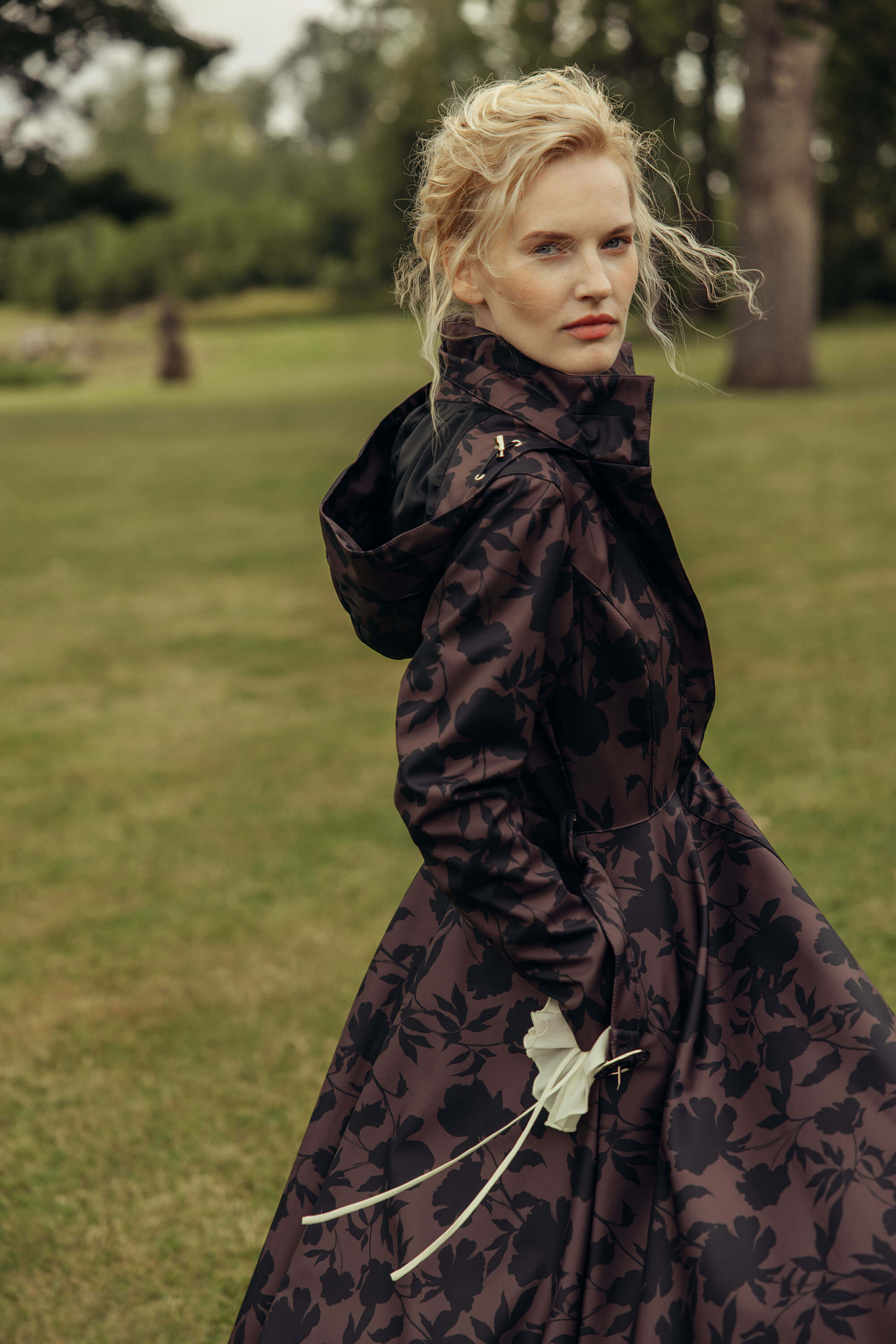 Fit and Flare Winter Coat in Brown Floral | Winter Brocade Dusk