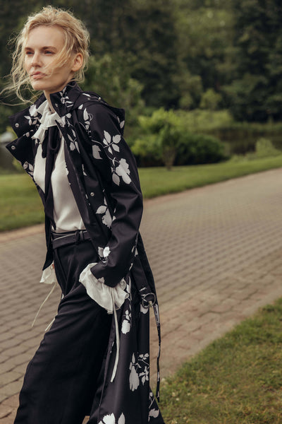 Double Breasted Black Floral Coat | Ivory Shadow