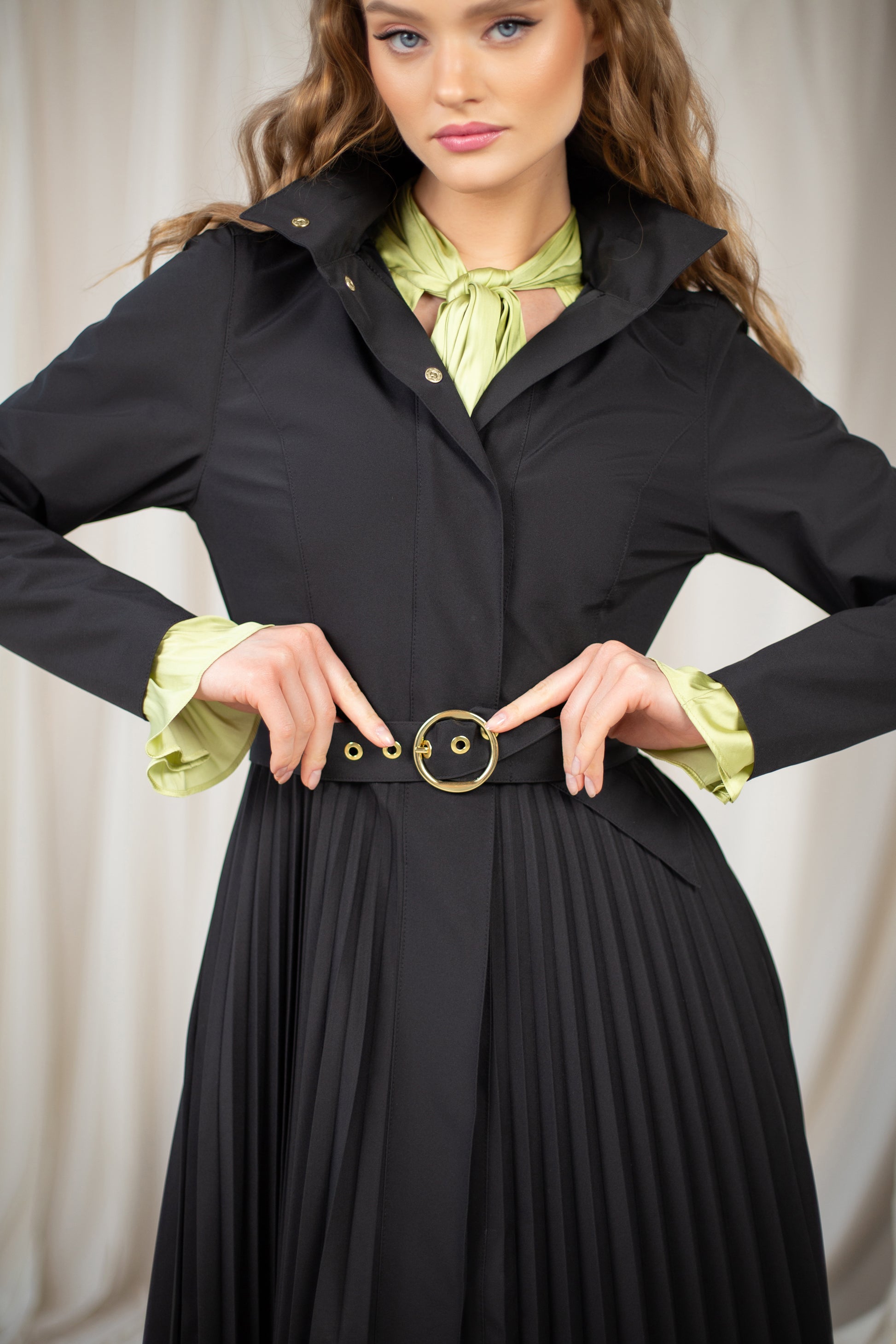 Fit and Flare Coat with A-Line Pleated Skirt for Spring in Black