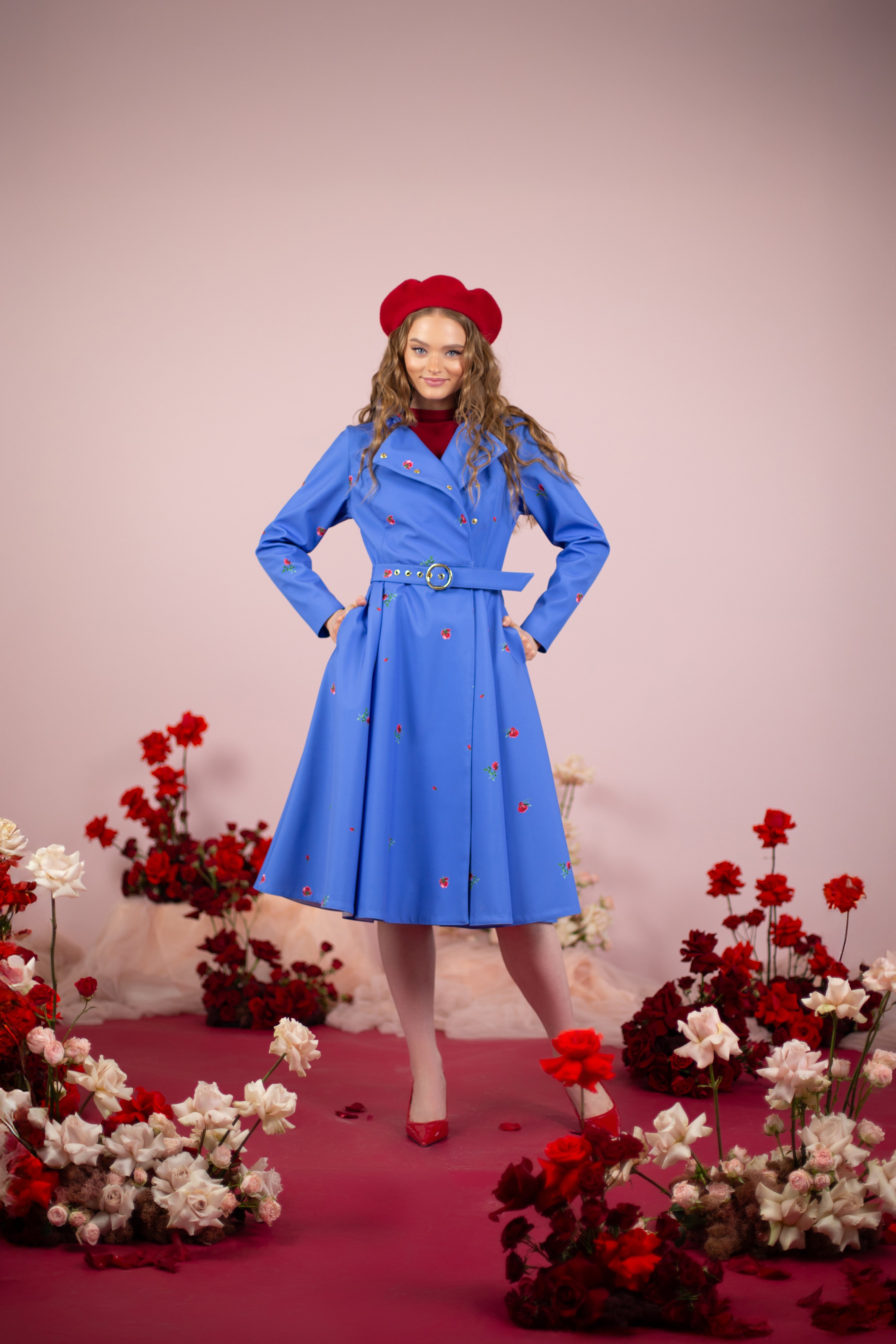 Blue trench coat named 'Forget-me-not'.