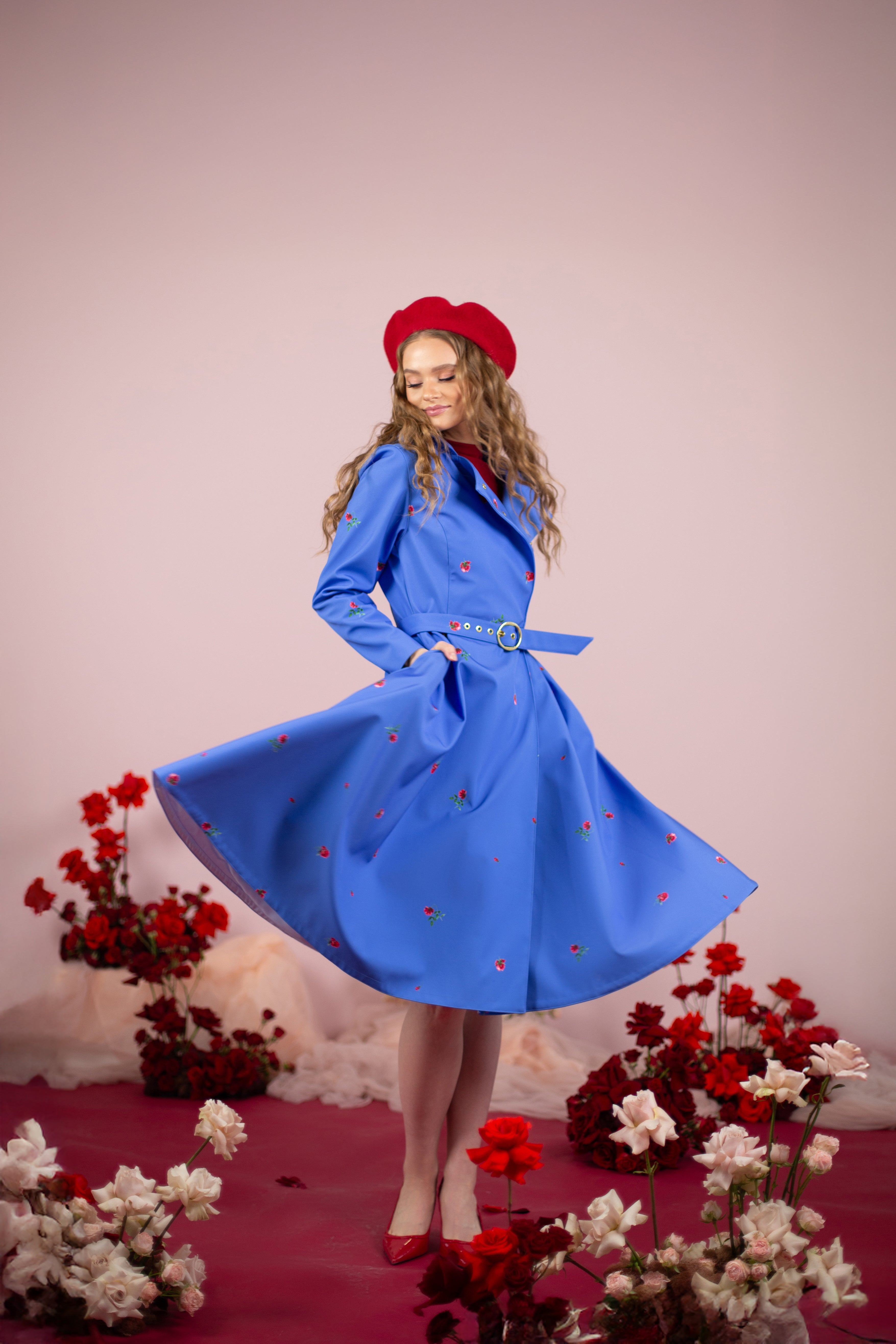 Double Breasted Trench Coat in Blue with Flower Print Double Breasted Trench Coat in Blue with Flower Print