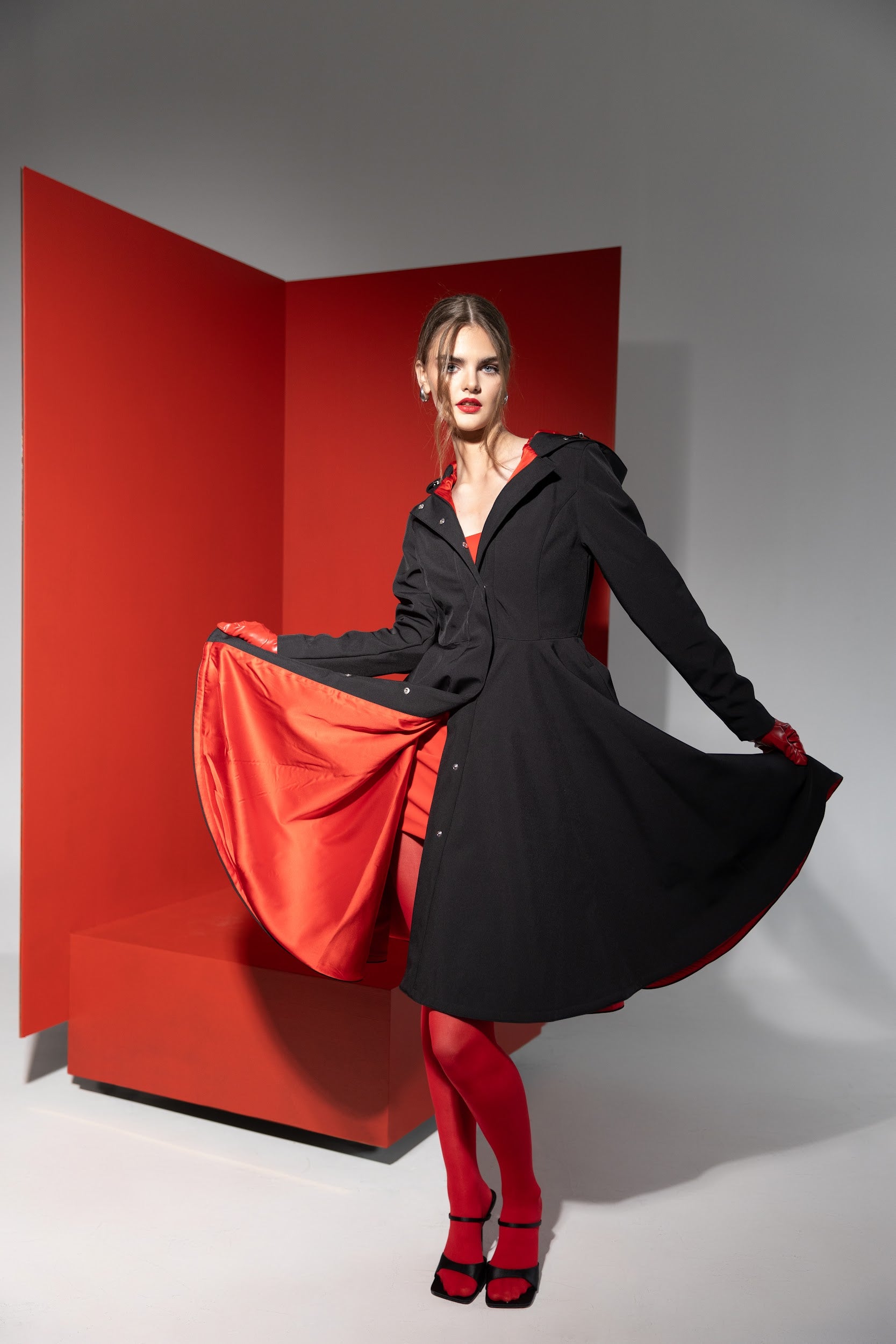 Fit and Flare Coat with Full Circle skirt in Black and Red RainSisters Fit and Flare Coat with Full Circle skirt in Black and Red RainSisters