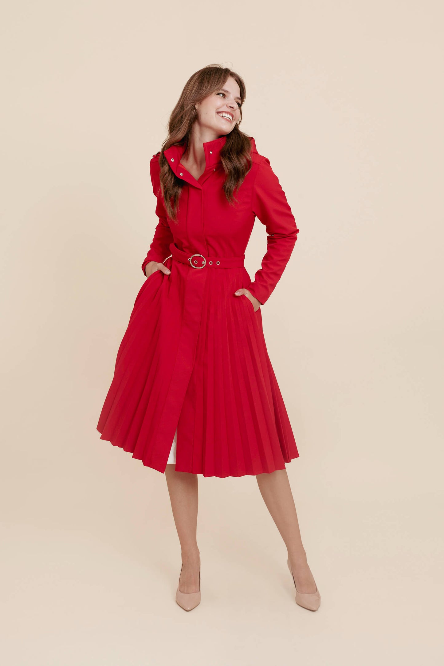 Fit and Flare Red Women's A-line Coat with Pleated Skirt | Scarlet Waltz