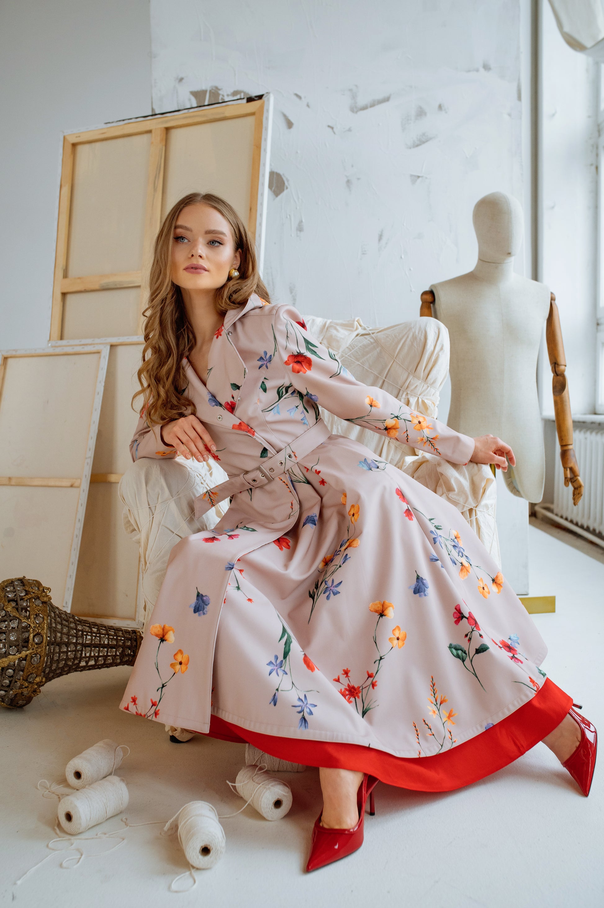 Double Breasted Trench Coat in Beige with Flower Print Spring