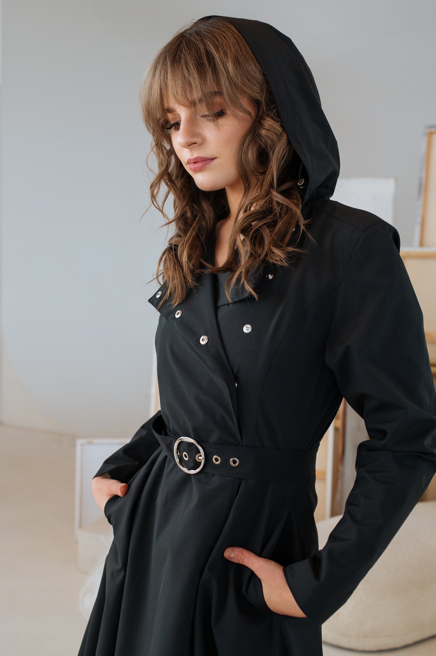 belted black coat 