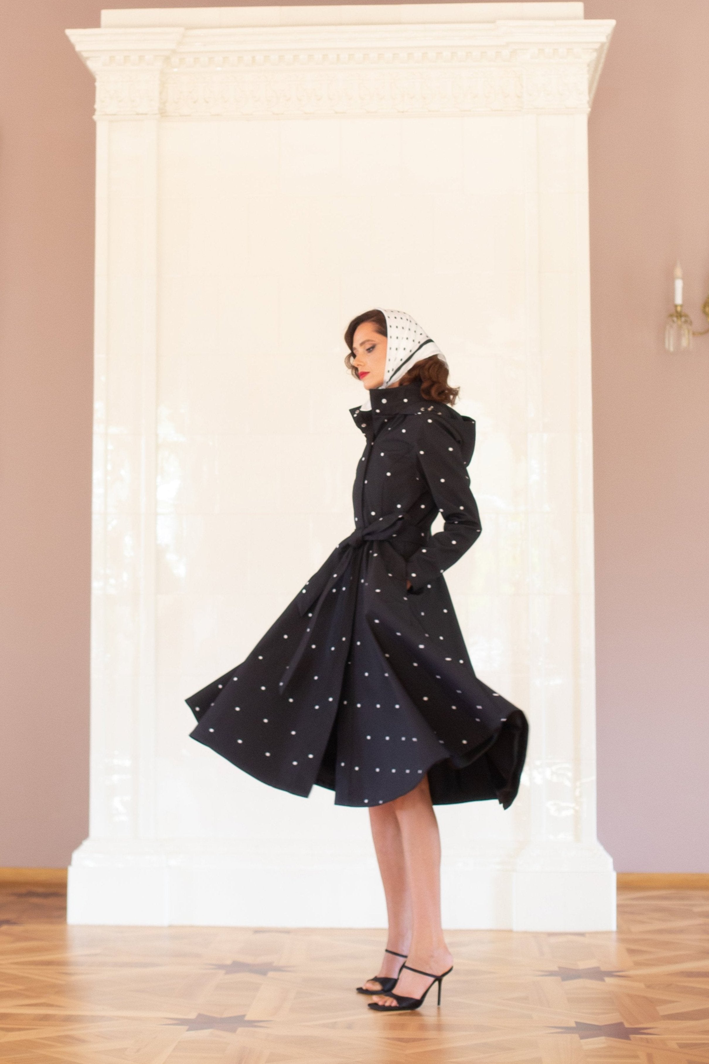 Fit and Flare Coat with A-Line Skirt in Black | Timeless Polka Dots RainSisters Fit and Flare Coat with A-Line Skirt in Black | Timeless Polka Dots RainSisters
