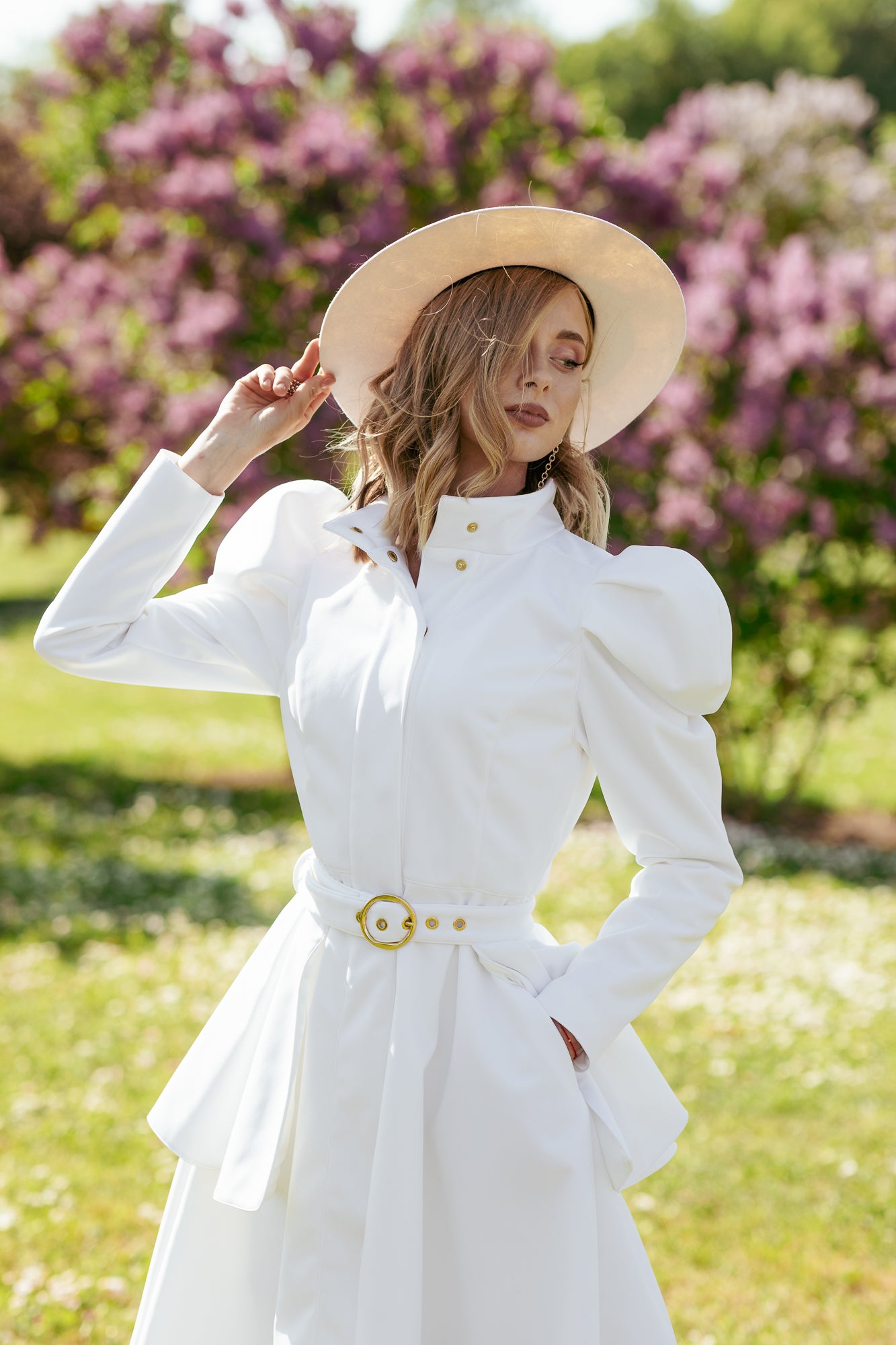 Majestic white coat with hat and peplum belt