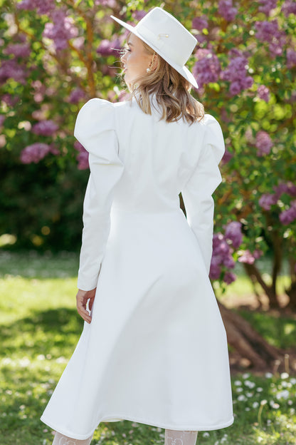 Fitted and flared coat with balloon-styled sleeves in white back view
