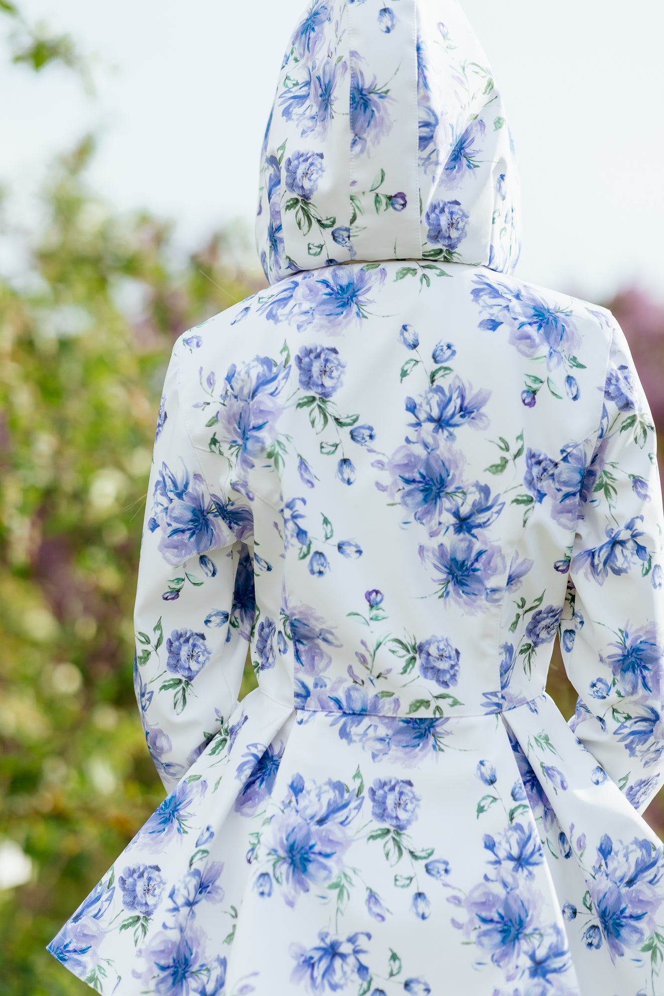 Back view for Double Breasted Jacket with Detachable Hood in White with Blue Flower Print