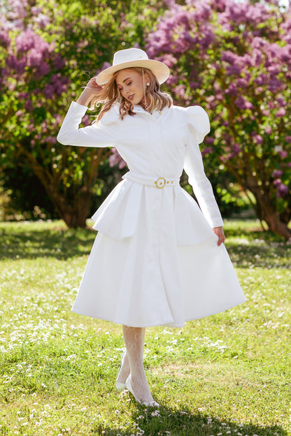 Fitted and Flared Coat in White with white peplum belt