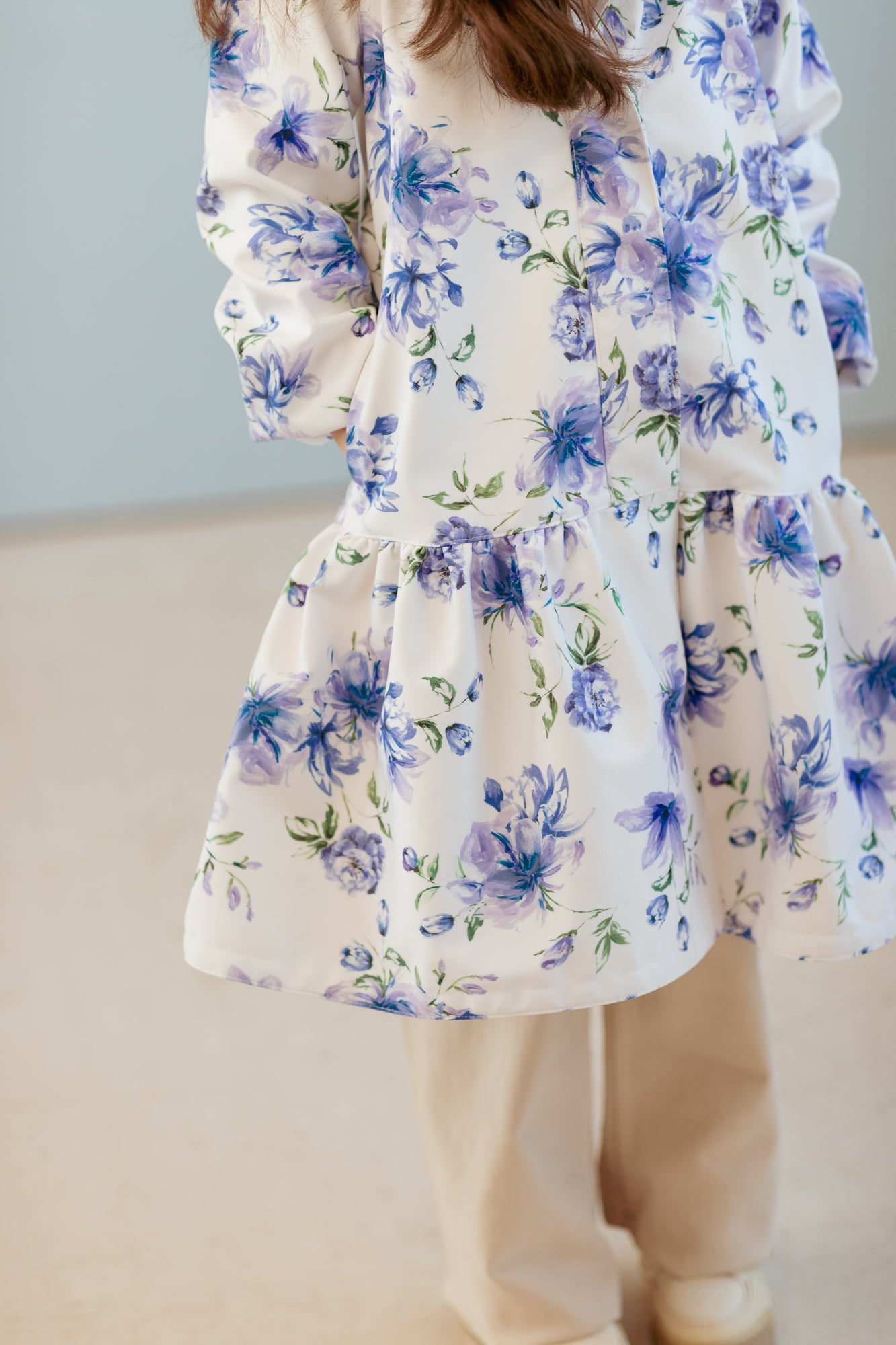 White Trapeze Coat for Girls with Blue Flower Print | 'Floral Dream'