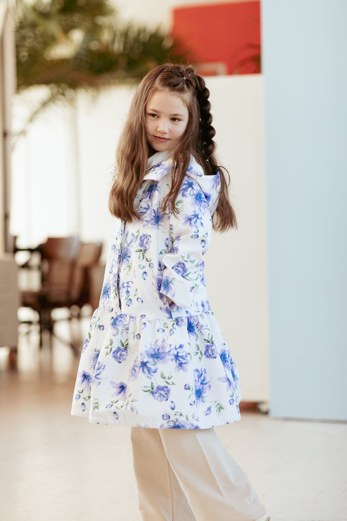 White Trapeze Coat for Girls with Blue Flower Print | Floral Dream